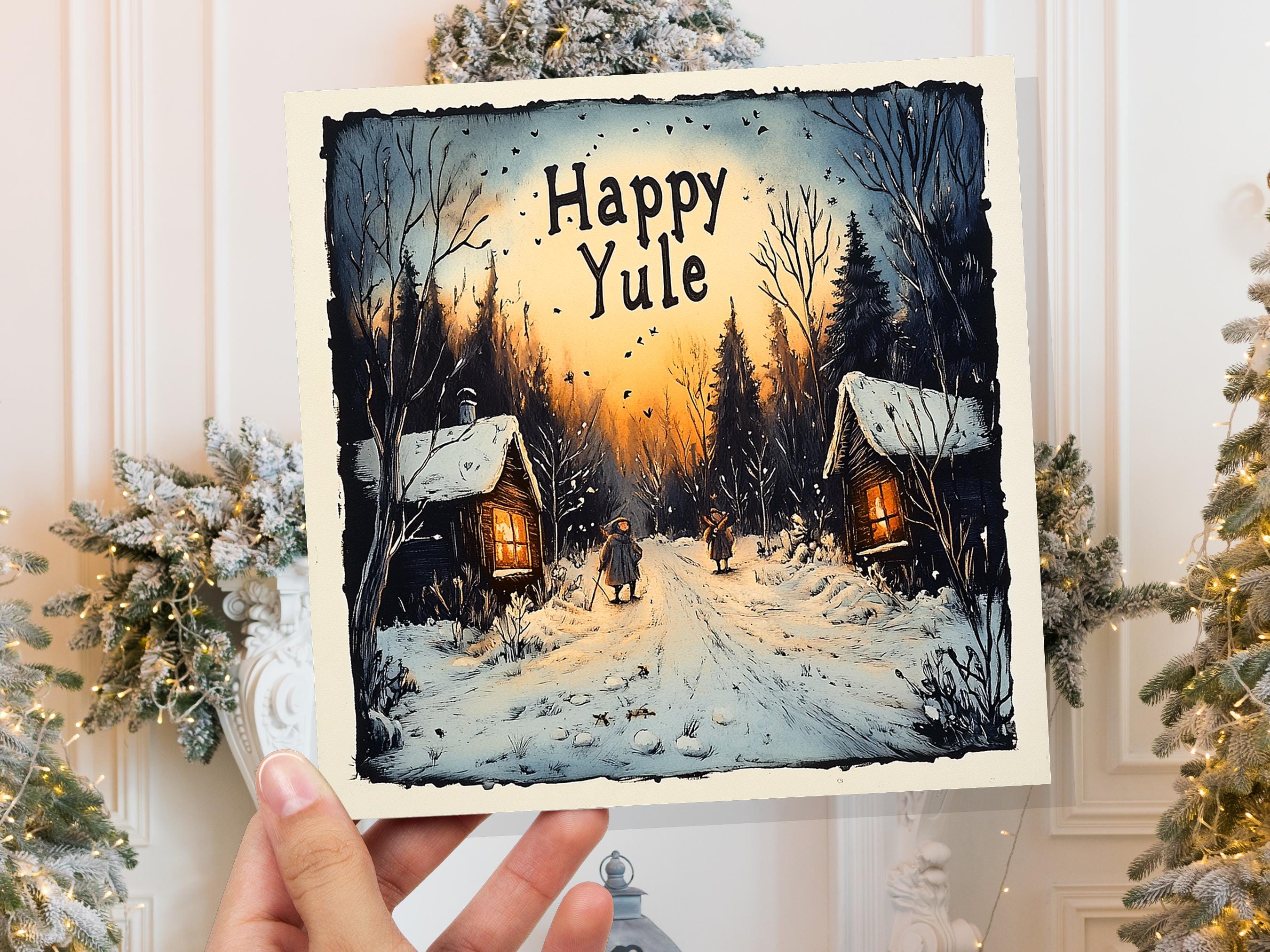 Happy Yule Pagan Holiday Card Yuletide Greetings Vintage Snowy Winter Solstice Forest Log Cabin Village Scene Cosy Lights New for Yule 2024 - View 7