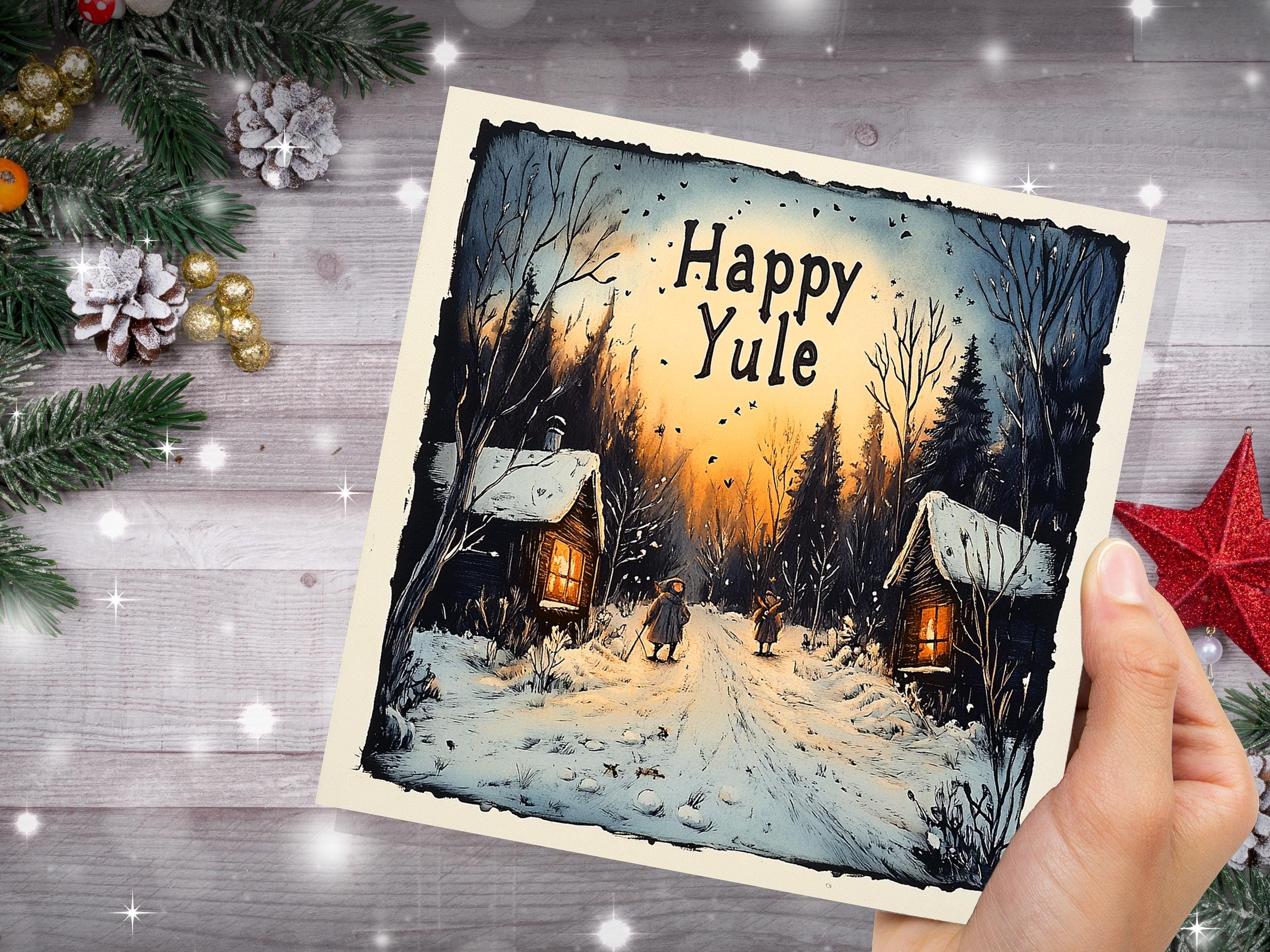 Happy Yule Pagan Holiday Card Yuletide Greetings Vintage Snowy Winter Solstice Forest Log Cabin Village Scene Cosy Lights New for Yule 2024 - View 8