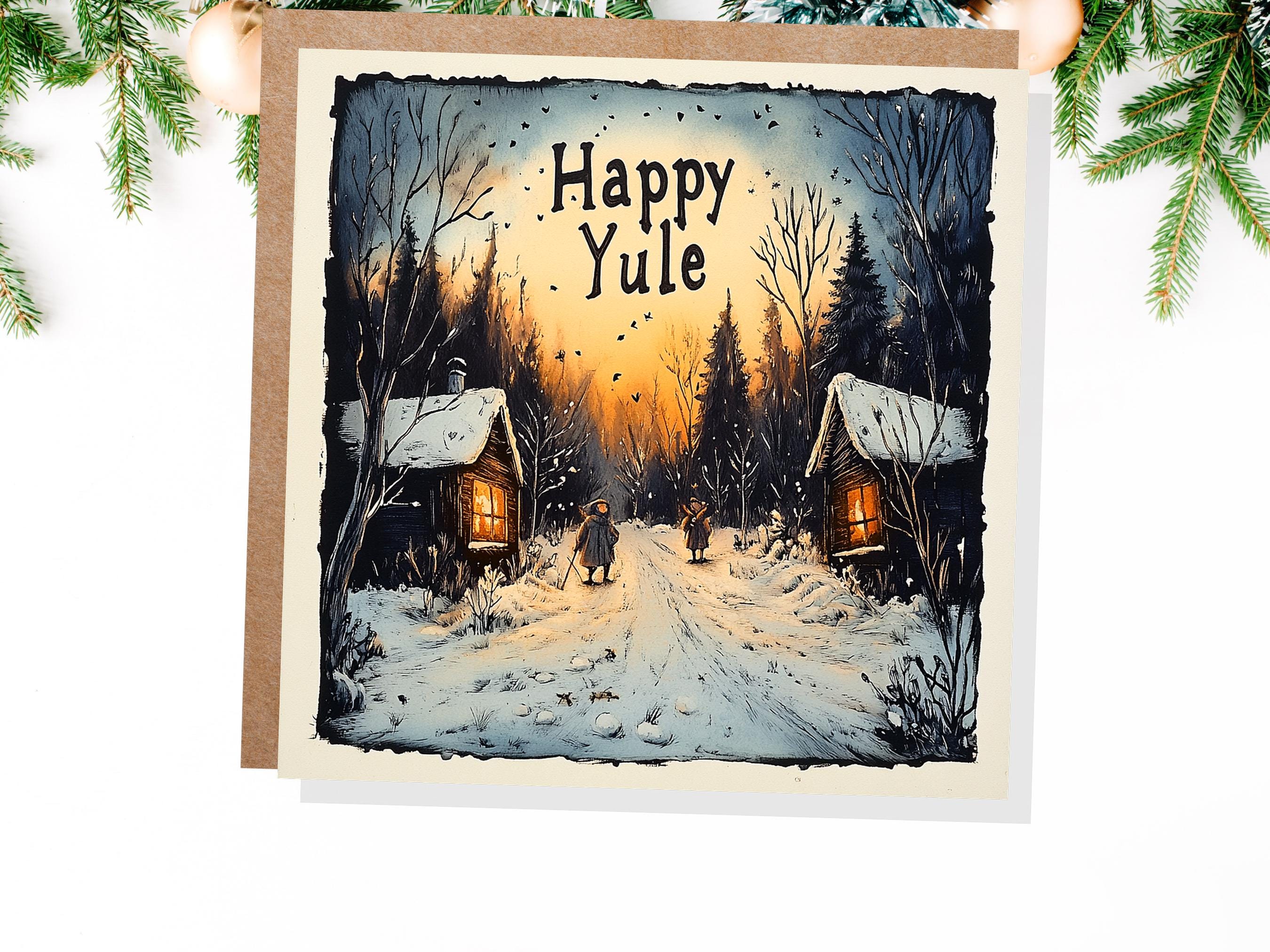 Happy Yule Pagan Holiday Card Yuletide Greetings Vintage Snowy Winter Solstice Forest Log Cabin Village Scene Cosy Lights New for Yule 2024 - View 9