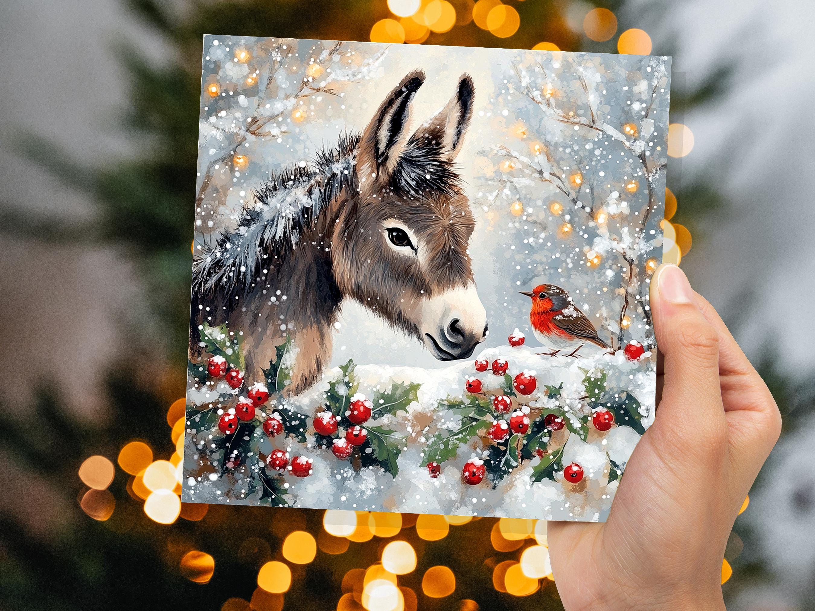 Christmas Card with Donkey and Robin Snow Scene Holly Berries Fairy Lights Festive Winter Landscape Xmas Greetings for Family Friends 2024 - View 2