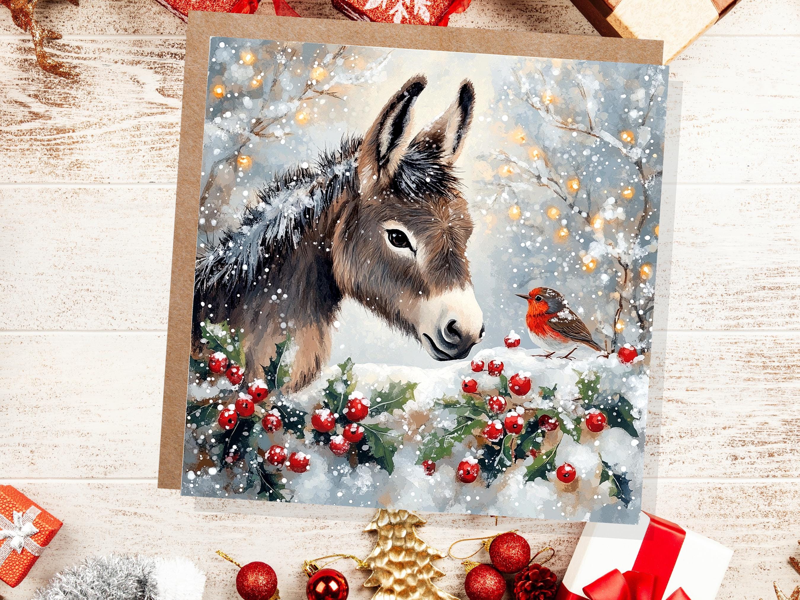 Christmas Card with Donkey and Robin Snow Scene Holly Berries Fairy Lights Festive Winter Landscape Xmas Greetings for Family Friends 2024 - View 3