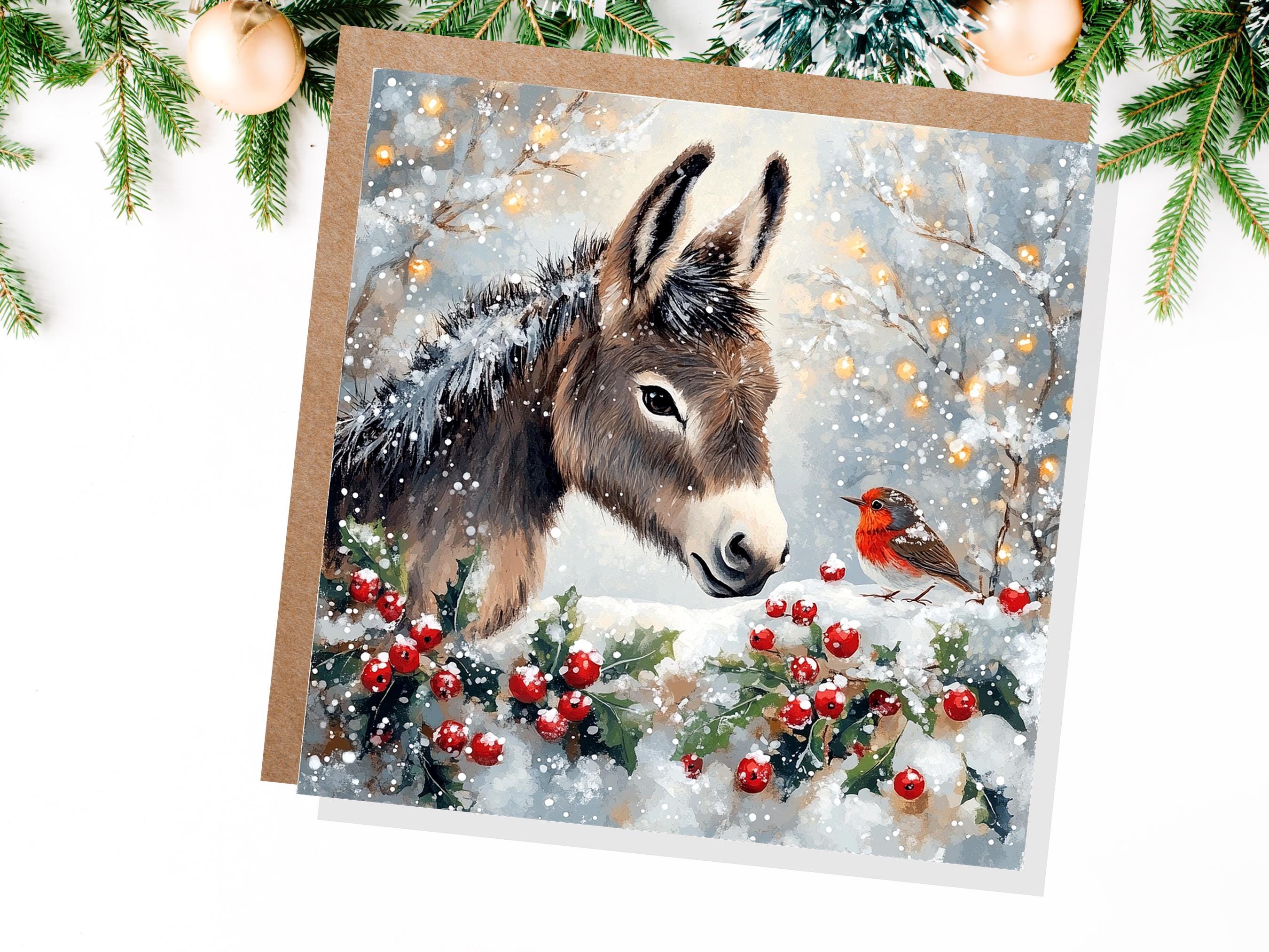 Christmas Card with Donkey and Robin Snow Scene Holly Berries Fairy Lights Festive Winter Landscape Xmas Greetings for Family Friends 2024 - View 4