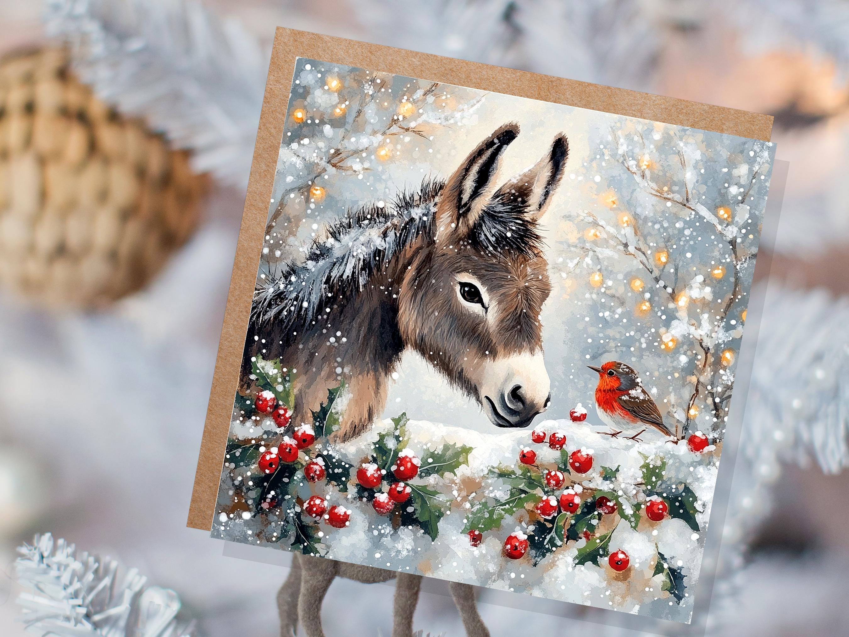 Christmas Card with Donkey and Robin Snow Scene Holly Berries Fairy Lights Festive Winter Landscape Xmas Greetings for Family Friends 2024 - View 5