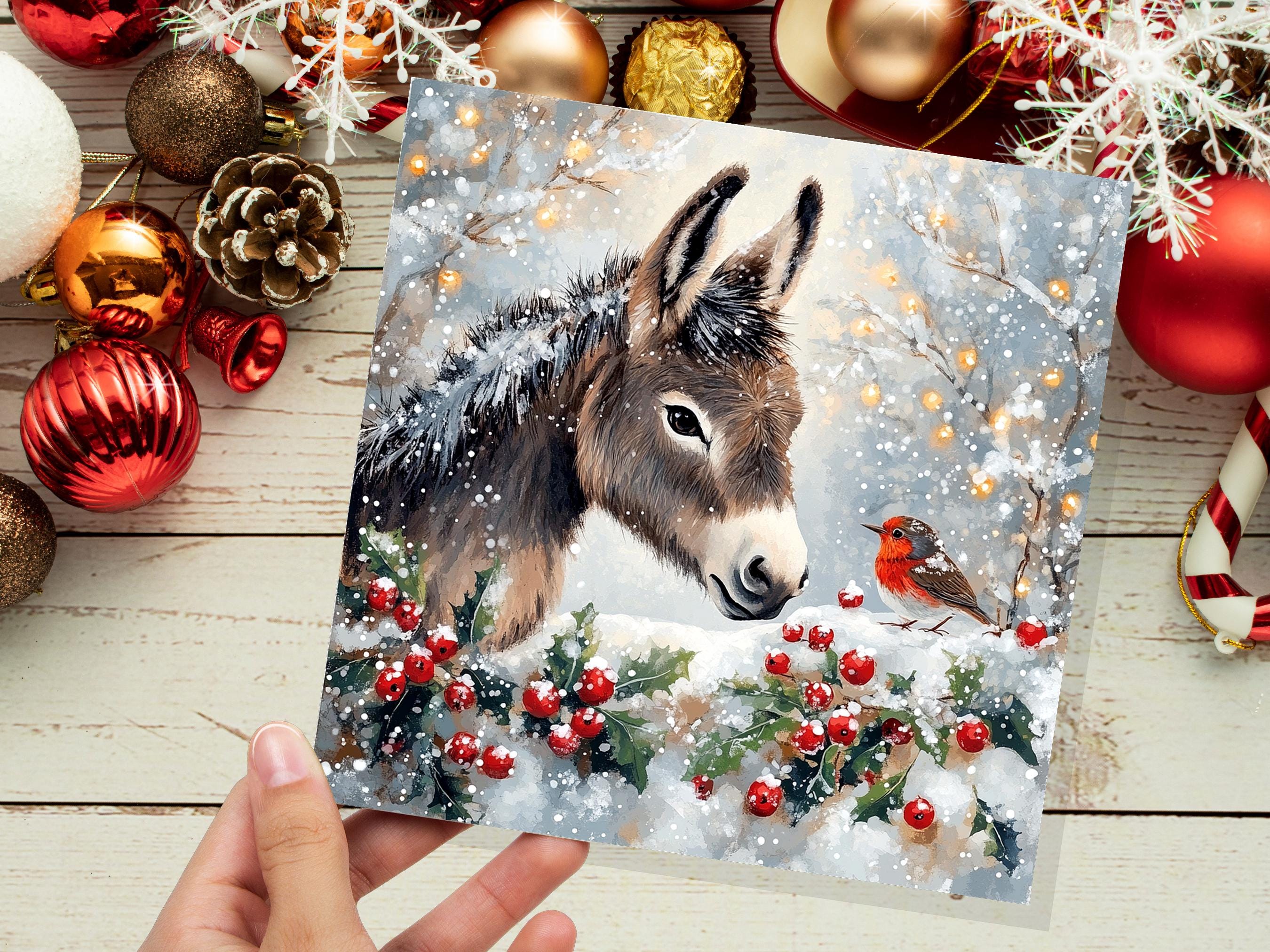 Christmas Card with Donkey and Robin Snow Scene Holly Berries Fairy Lights Festive Winter Landscape Xmas Greetings for Family Friends 2024 - View 6