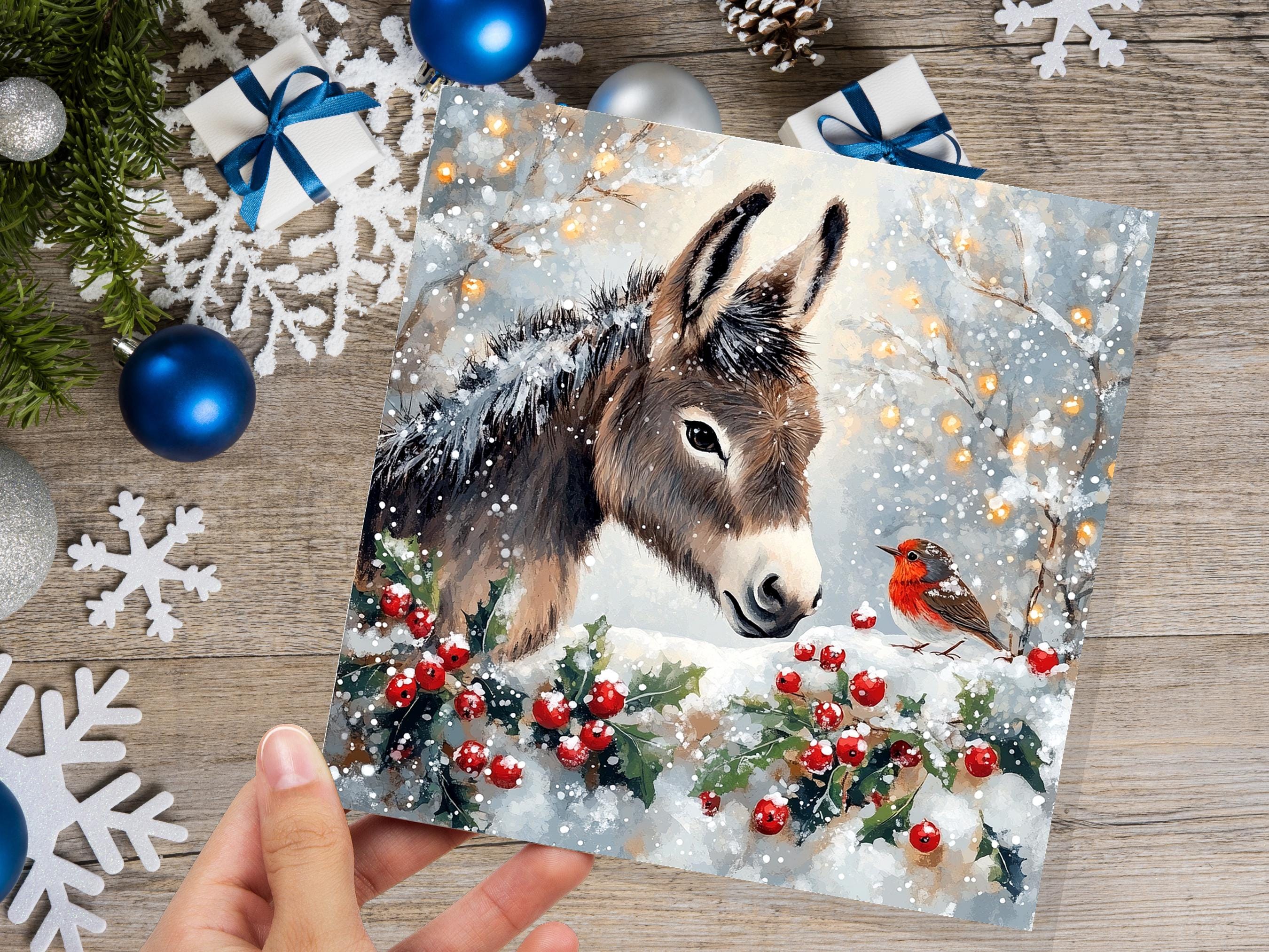 Christmas Card with Donkey and Robin Snow Scene Holly Berries Fairy Lights Festive Winter Landscape Xmas Greetings for Family Friends 2024 - View 7