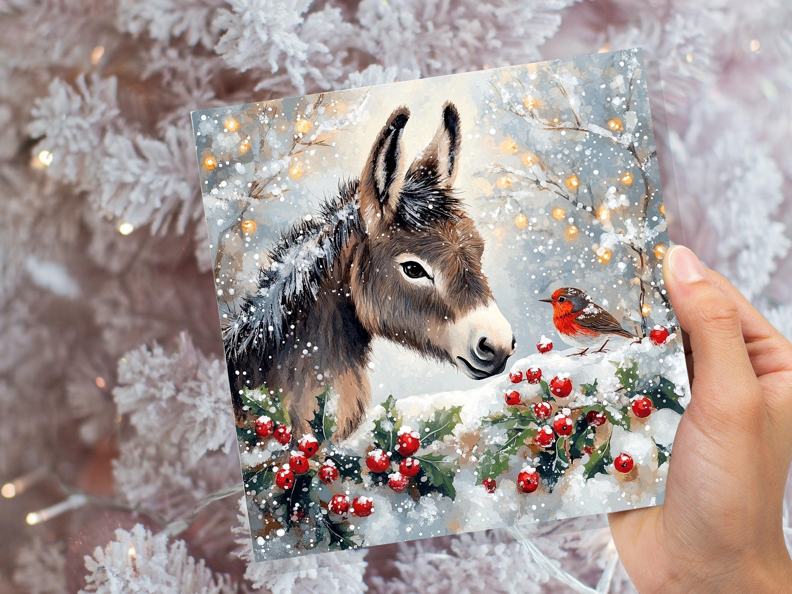 Christmas Card with Donkey and Robin Snow Scene Holly Berries Fairy Lights Festive Winter Landscape Xmas Greetings for Family Friends 2024 - View 8