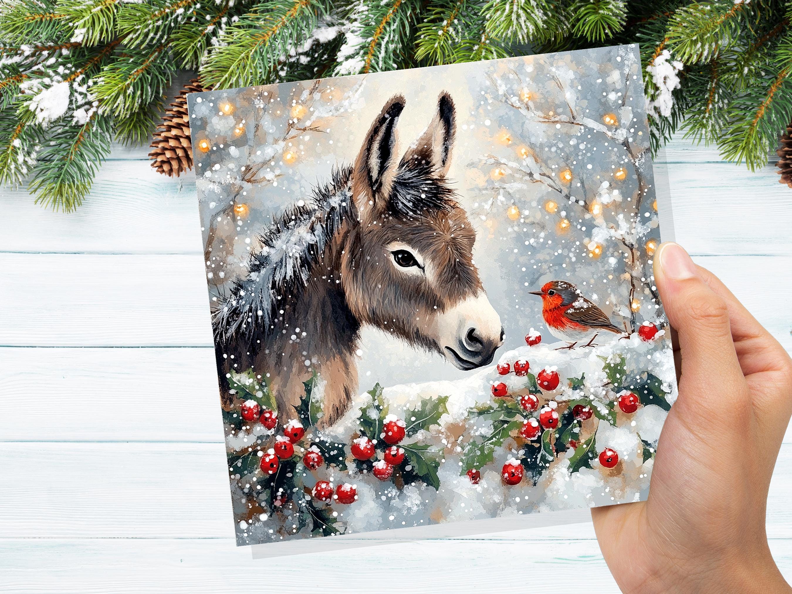 Christmas Card with Donkey and Robin Snow Scene Holly Berries Fairy Lights Festive Winter Landscape Xmas Greetings for Family Friends 2024 - View 9