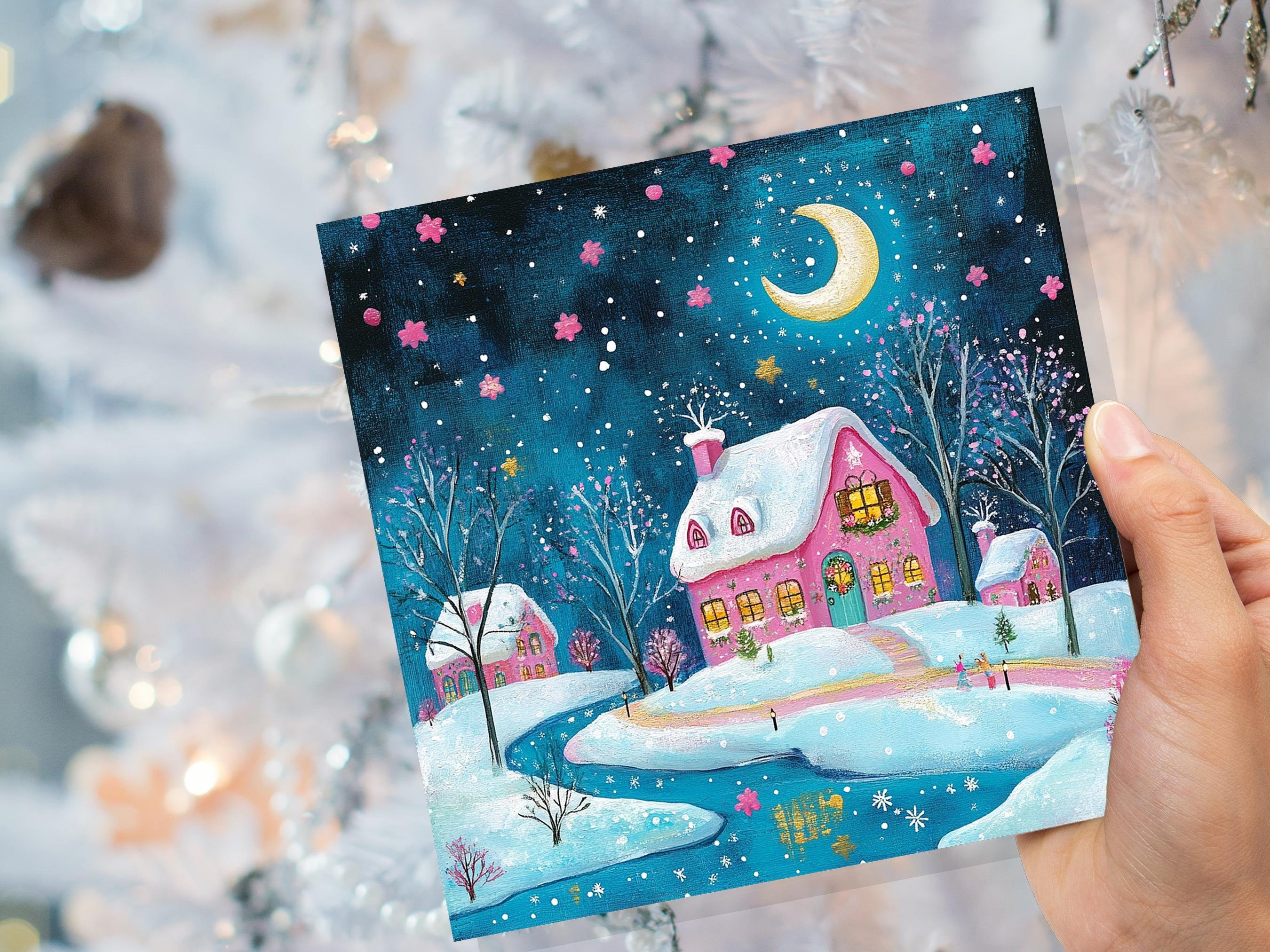 Snowy Village Christmas Card Pink and Blue With Icy River Crescent Moon Magical Winter Starry Night Sky Scene for Family Friends New 2024