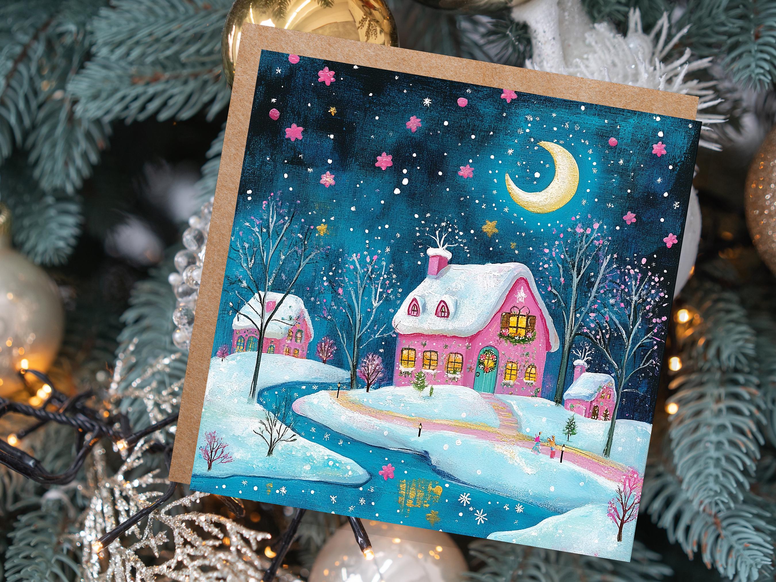 Snowy Village Christmas Card Pink and Blue With Icy River Crescent Moon Magical Winter Starry Night Sky Scene for Family Friends New 2024 - View 3