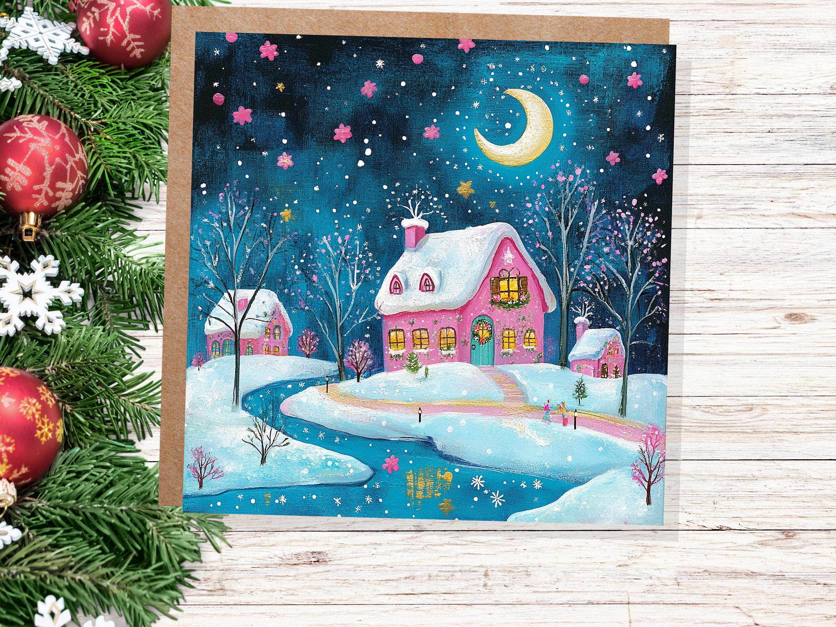 Snowy Village Christmas Card Pink and Blue With Icy River Crescent Moon Magical Winter Starry Night Sky Scene for Family Friends New 2024 - View 4