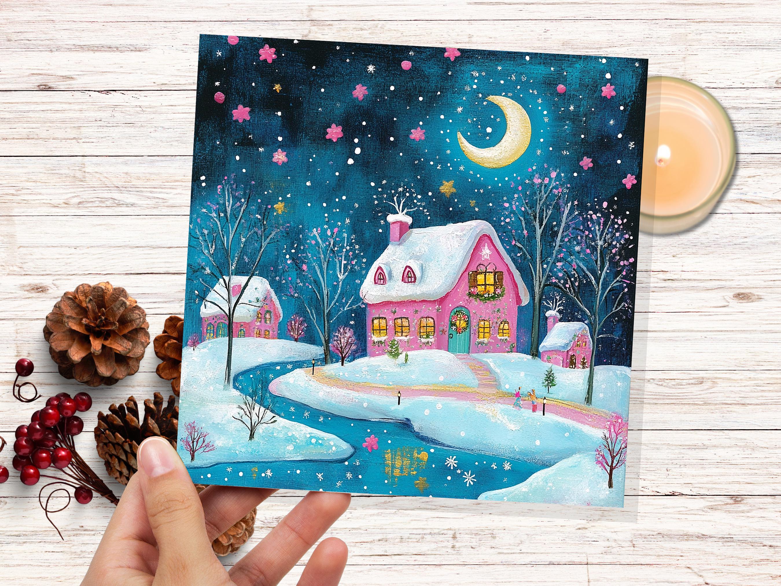 Snowy Village Christmas Card Pink and Blue With Icy River Crescent Moon Magical Winter Starry Night Sky Scene for Family Friends New 2024 - View 5