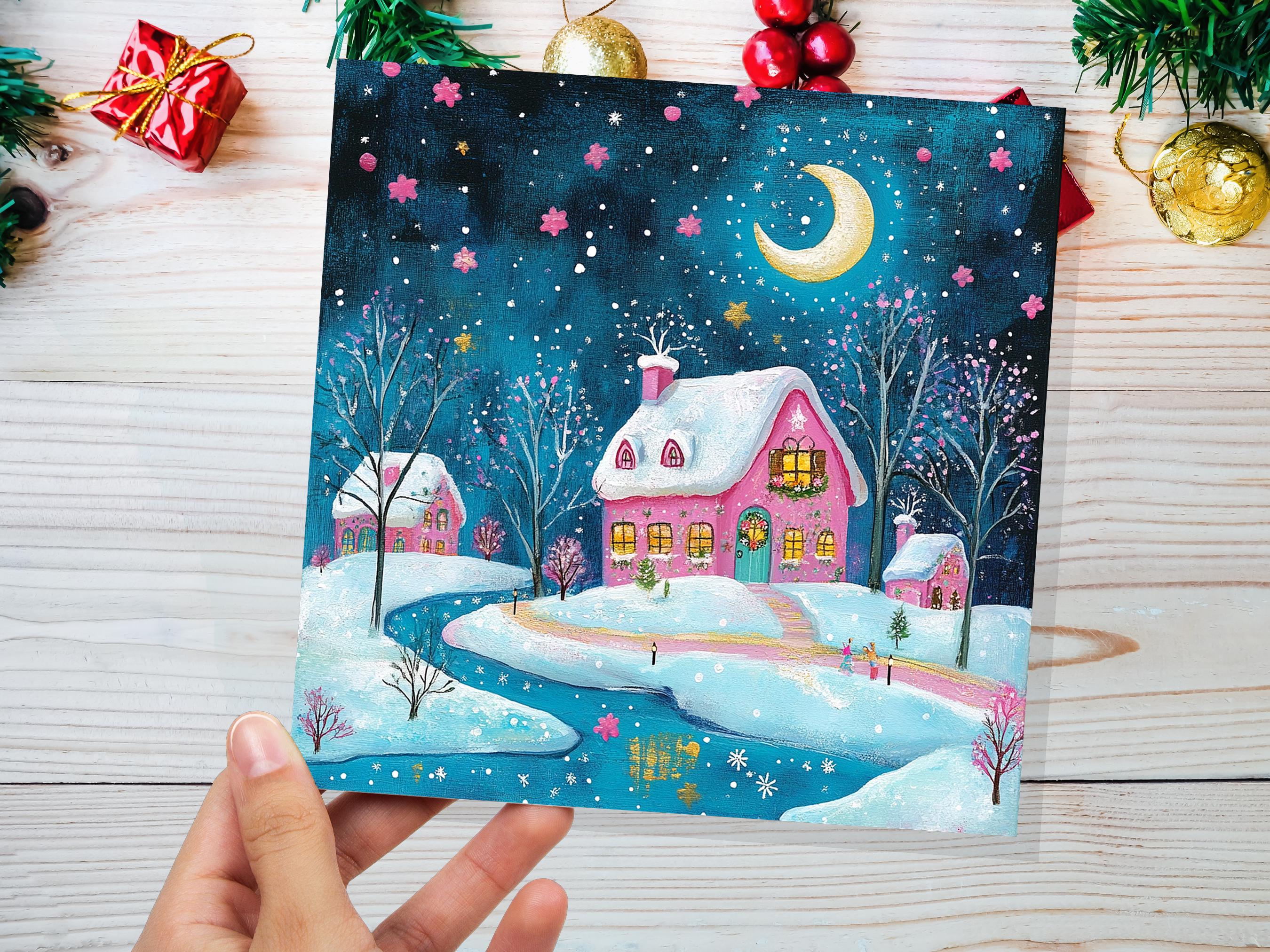 Snowy Village Christmas Card Pink and Blue With Icy River Crescent Moon Magical Winter Starry Night Sky Scene for Family Friends New 2024 - View 6