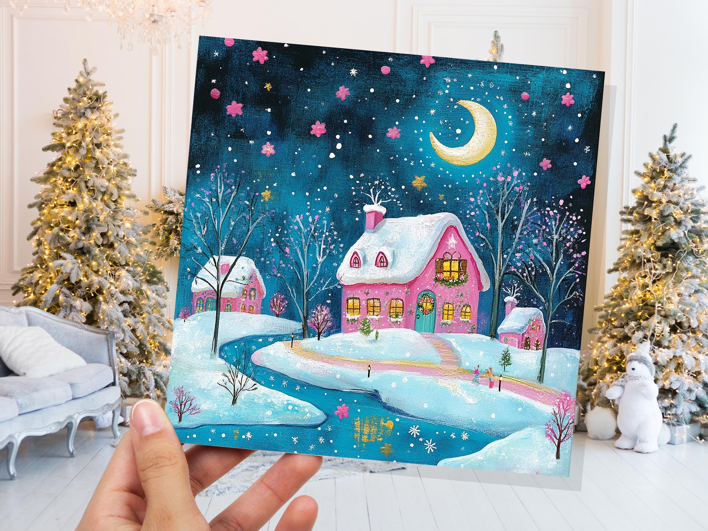 Snowy Village Christmas Card Pink and Blue With Icy River Crescent Moon Magical Winter Starry Night Sky Scene for Family Friends New 2024 - View 7