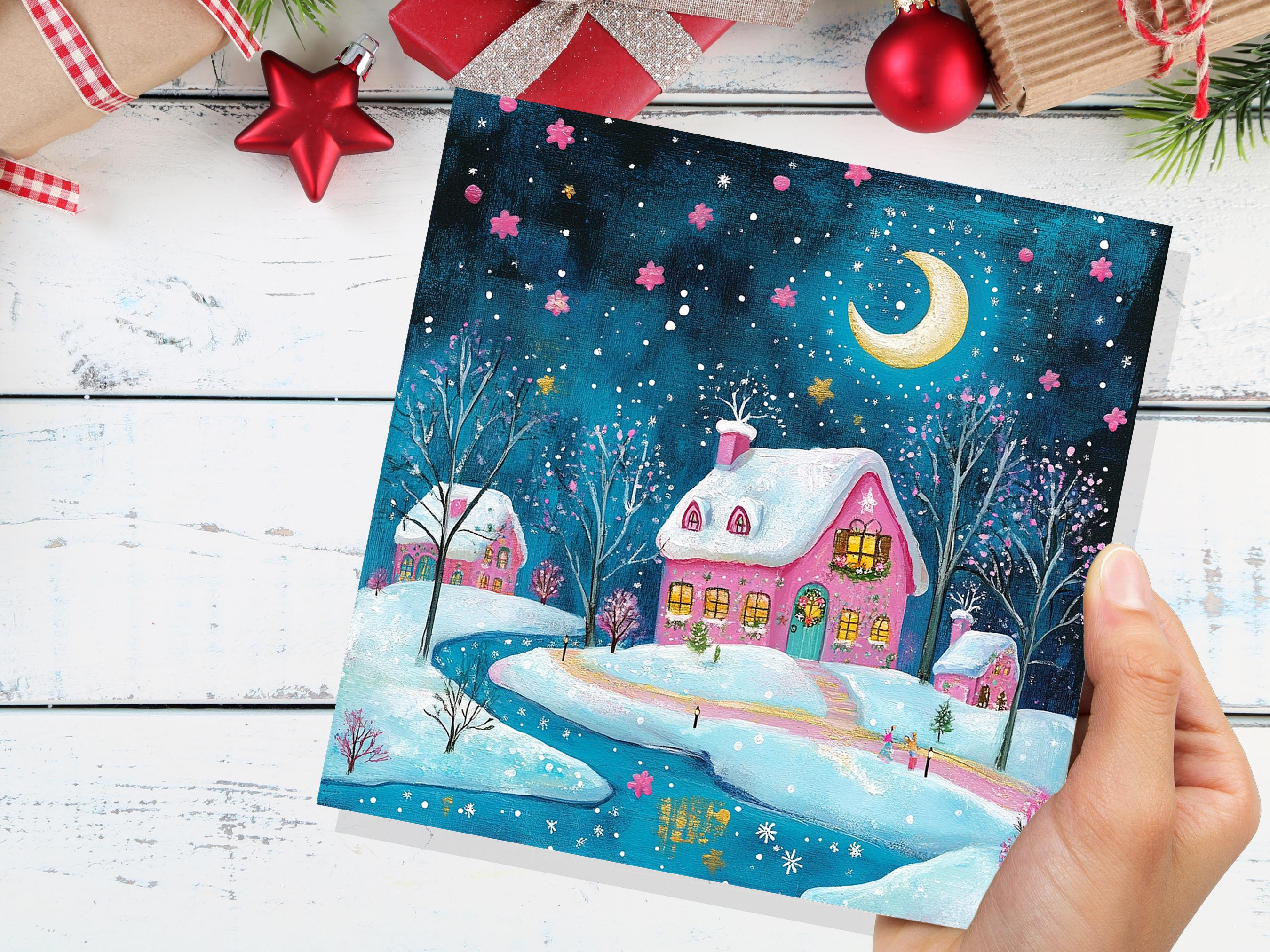 Snowy Village Christmas Card Pink and Blue With Icy River Crescent Moon Magical Winter Starry Night Sky Scene for Family Friends New 2024 - View 8