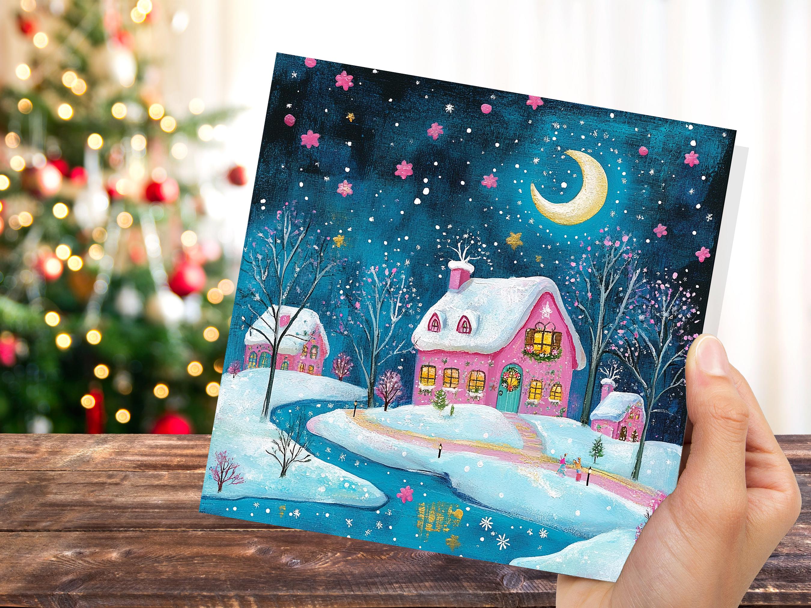 Snowy Village Christmas Card Pink and Blue With Icy River Crescent Moon Magical Winter Starry Night Sky Scene for Family Friends New 2024 - View 9