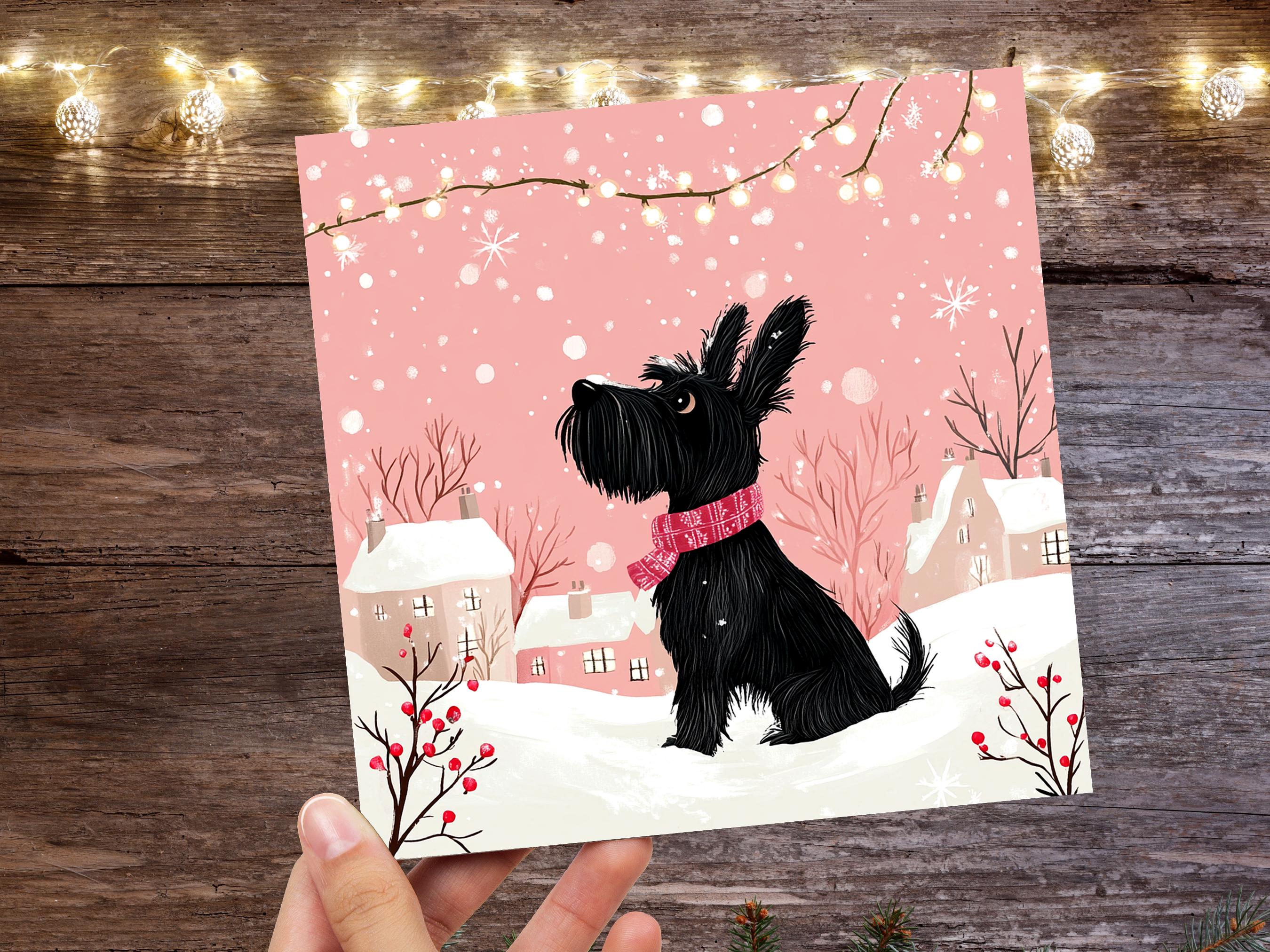 Scottie Dog Christmas Card Cute Black Pink Scottish Terrier Greeting Snowy Scene Festive Lights Winter Snow For Dog Lovers Family Friends