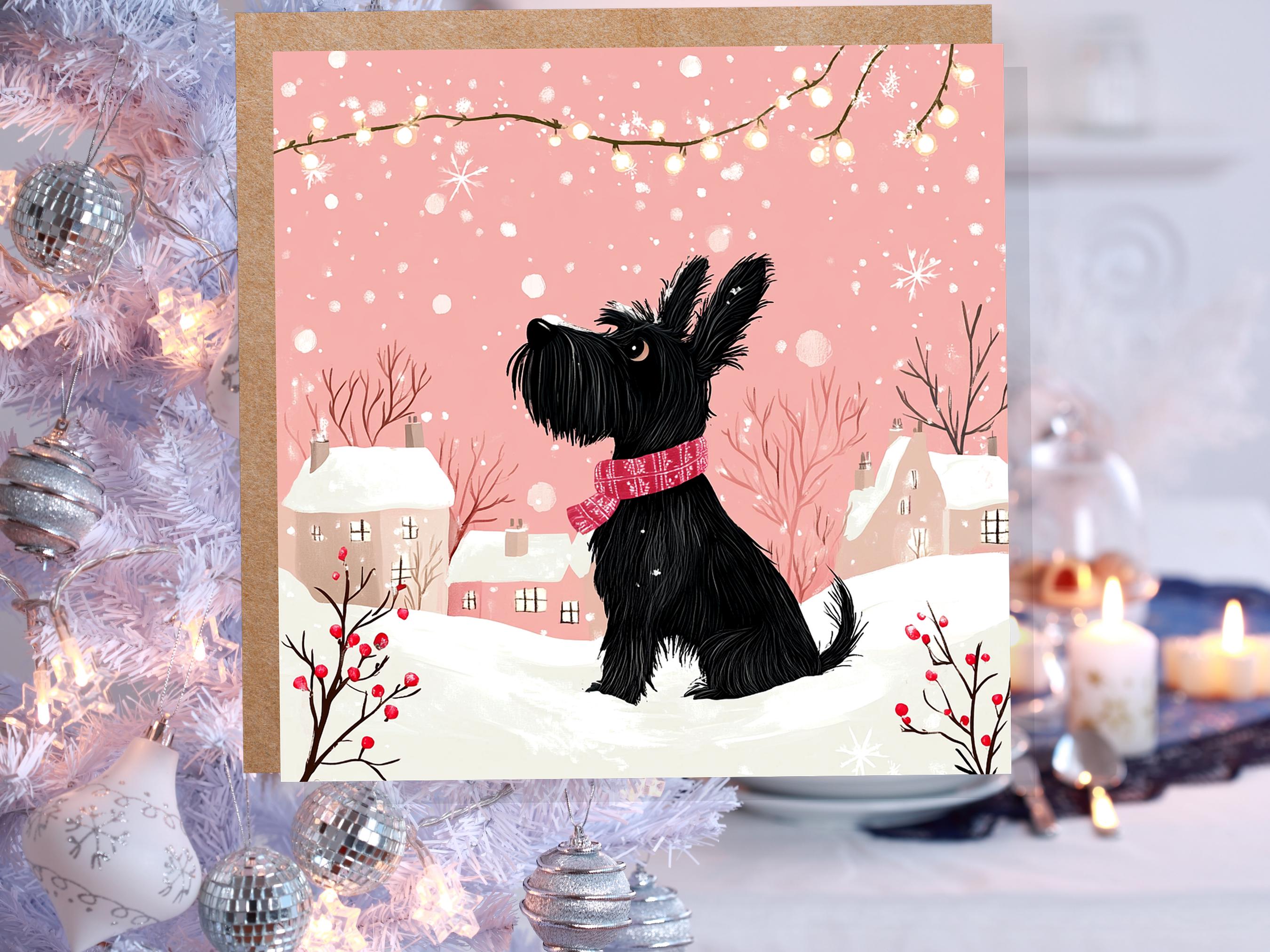 Scottie Dog Christmas Card Cute Black Pink Scottish Terrier Greeting Snowy Scene Festive Lights Winter Snow For Dog Lovers Family Friends - View 2