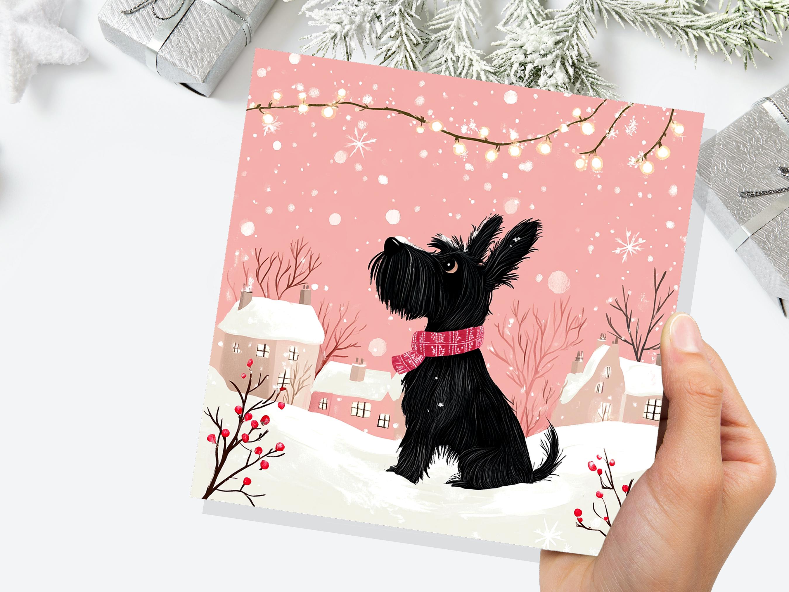 Scottie Dog Christmas Card Cute Black Pink Scottish Terrier Greeting Snowy Scene Festive Lights Winter Snow For Dog Lovers Family Friends - View 3