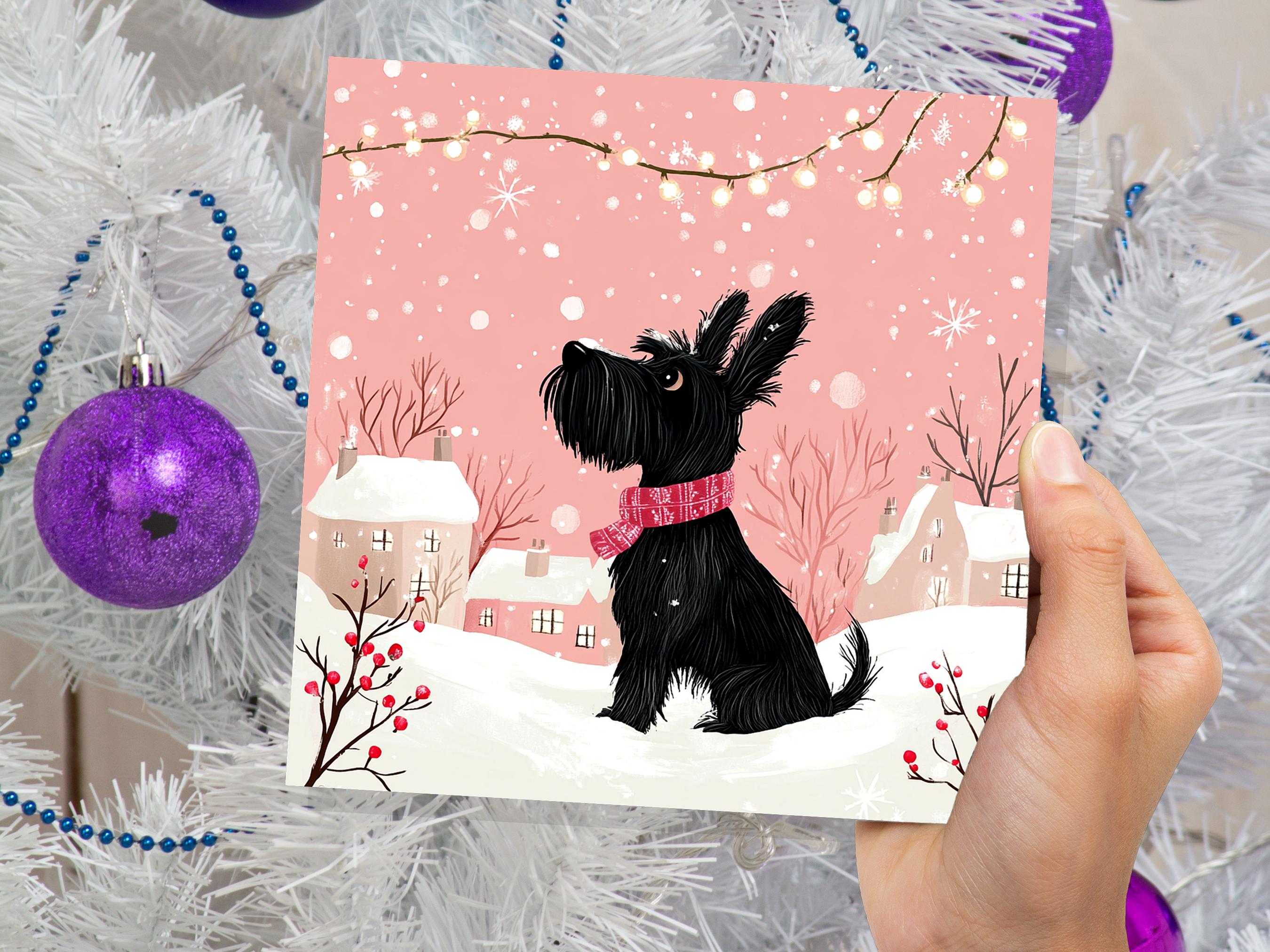 Scottie Dog Christmas Card Cute Black Pink Scottish Terrier Greeting Snowy Scene Festive Lights Winter Snow For Dog Lovers Family Friends - View 4