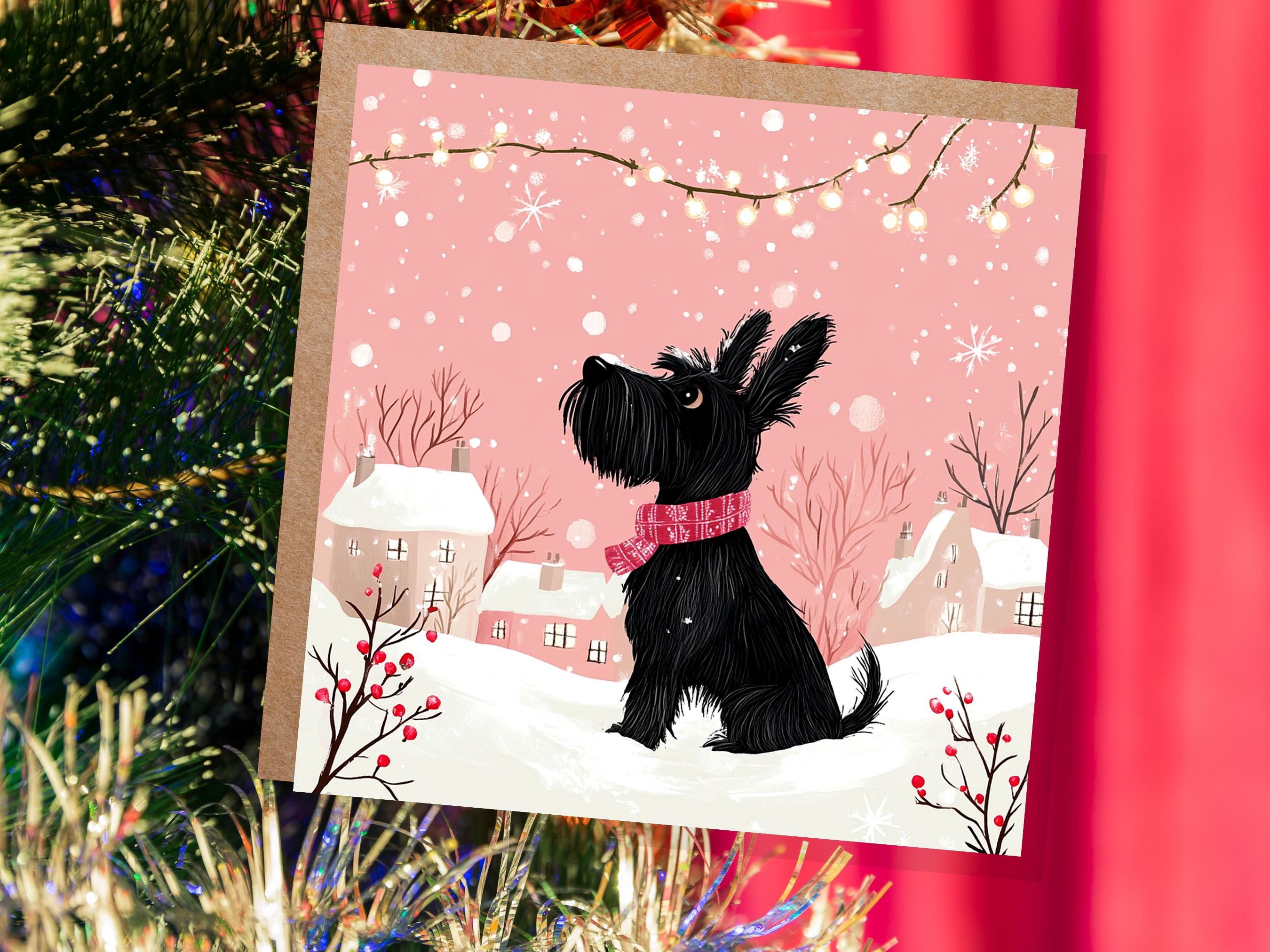 Scottie Dog Christmas Card Cute Black Pink Scottish Terrier Greeting Snowy Scene Festive Lights Winter Snow For Dog Lovers Family Friends - View 5