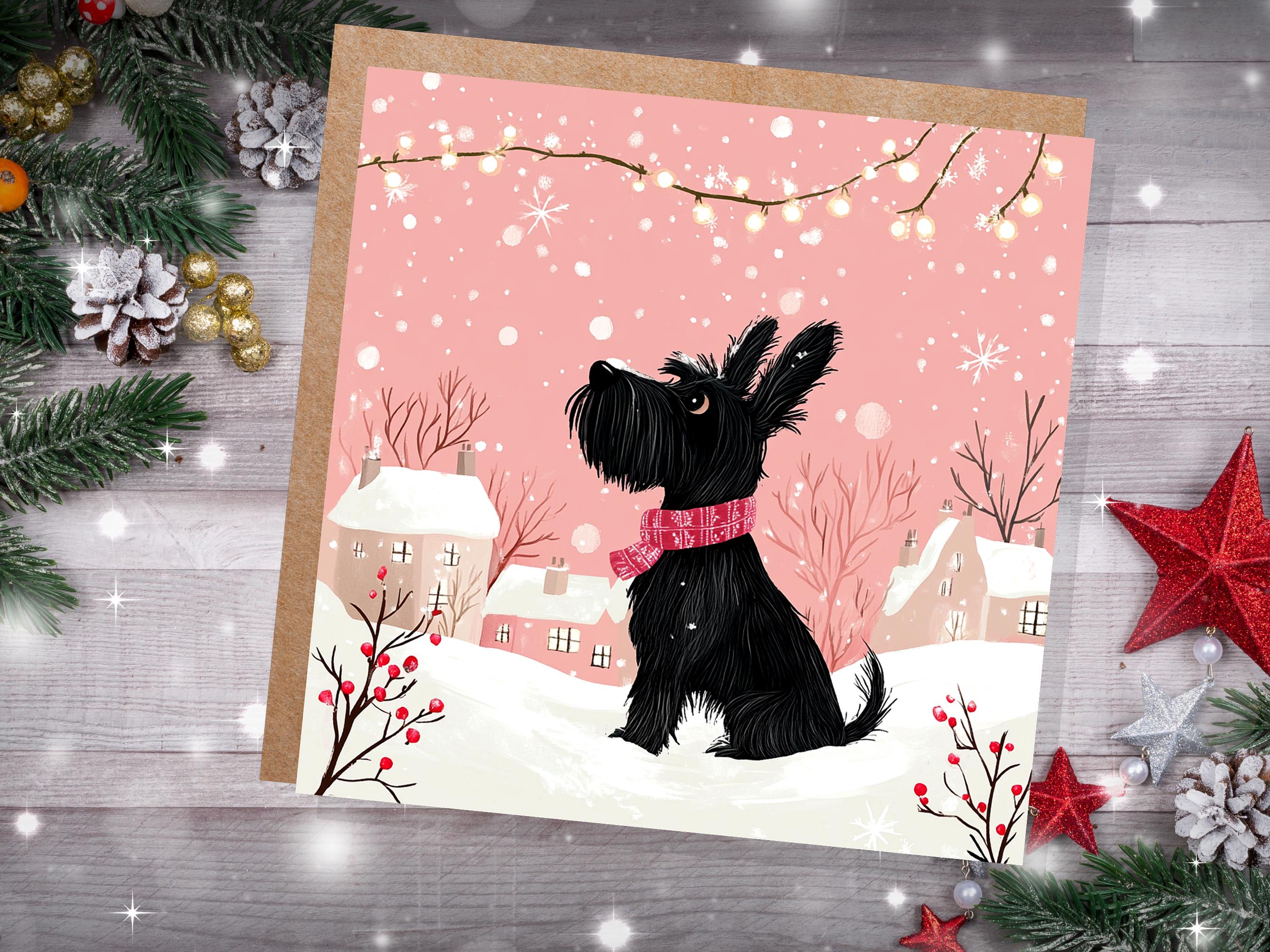 Scottie Dog Christmas Card Cute Black Pink Scottish Terrier Greeting Snowy Scene Festive Lights Winter Snow For Dog Lovers Family Friends - View 6