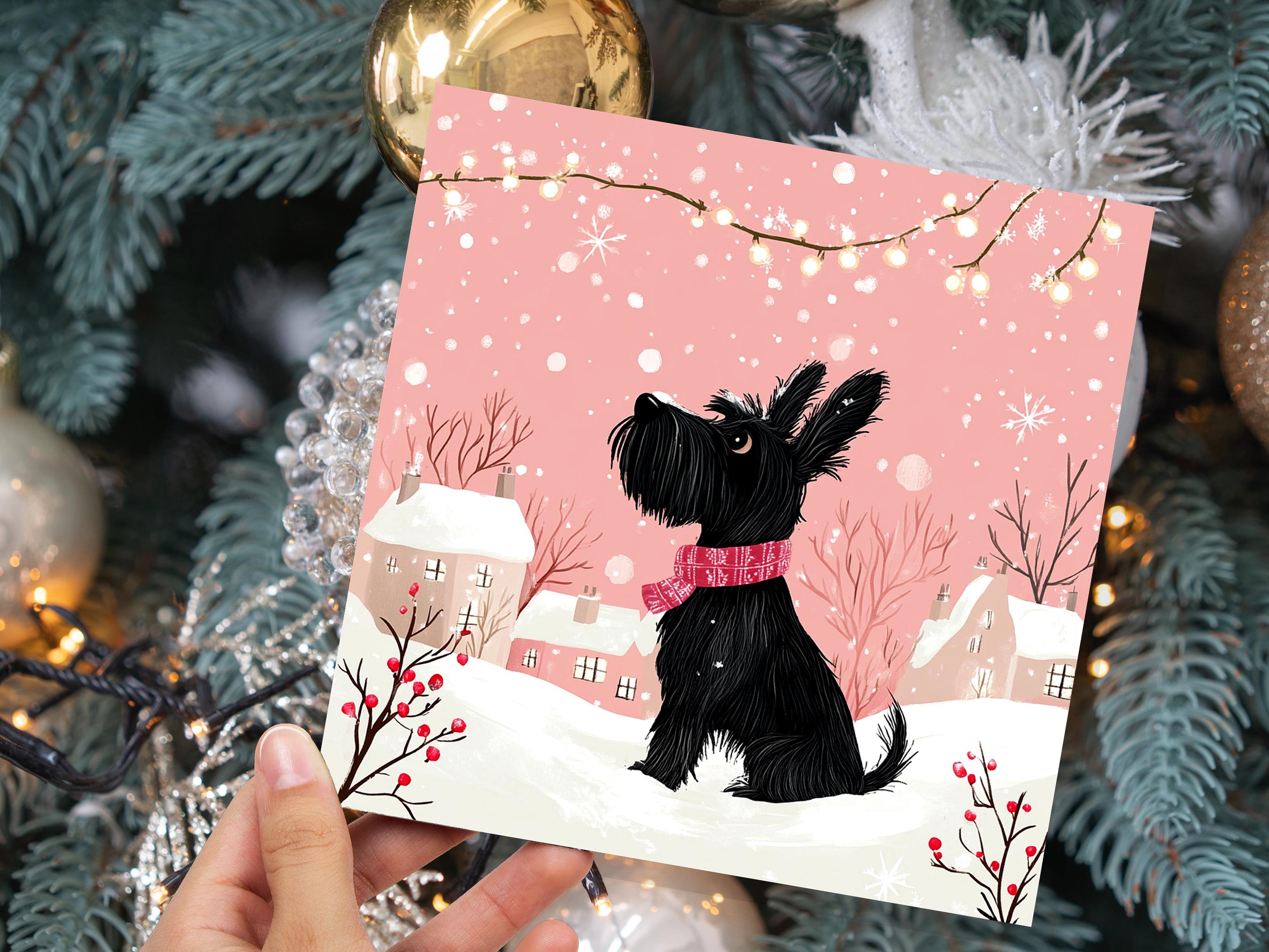 Scottie Dog Christmas Card Cute Black Pink Scottish Terrier Greeting Snowy Scene Festive Lights Winter Snow For Dog Lovers Family Friends - View 7