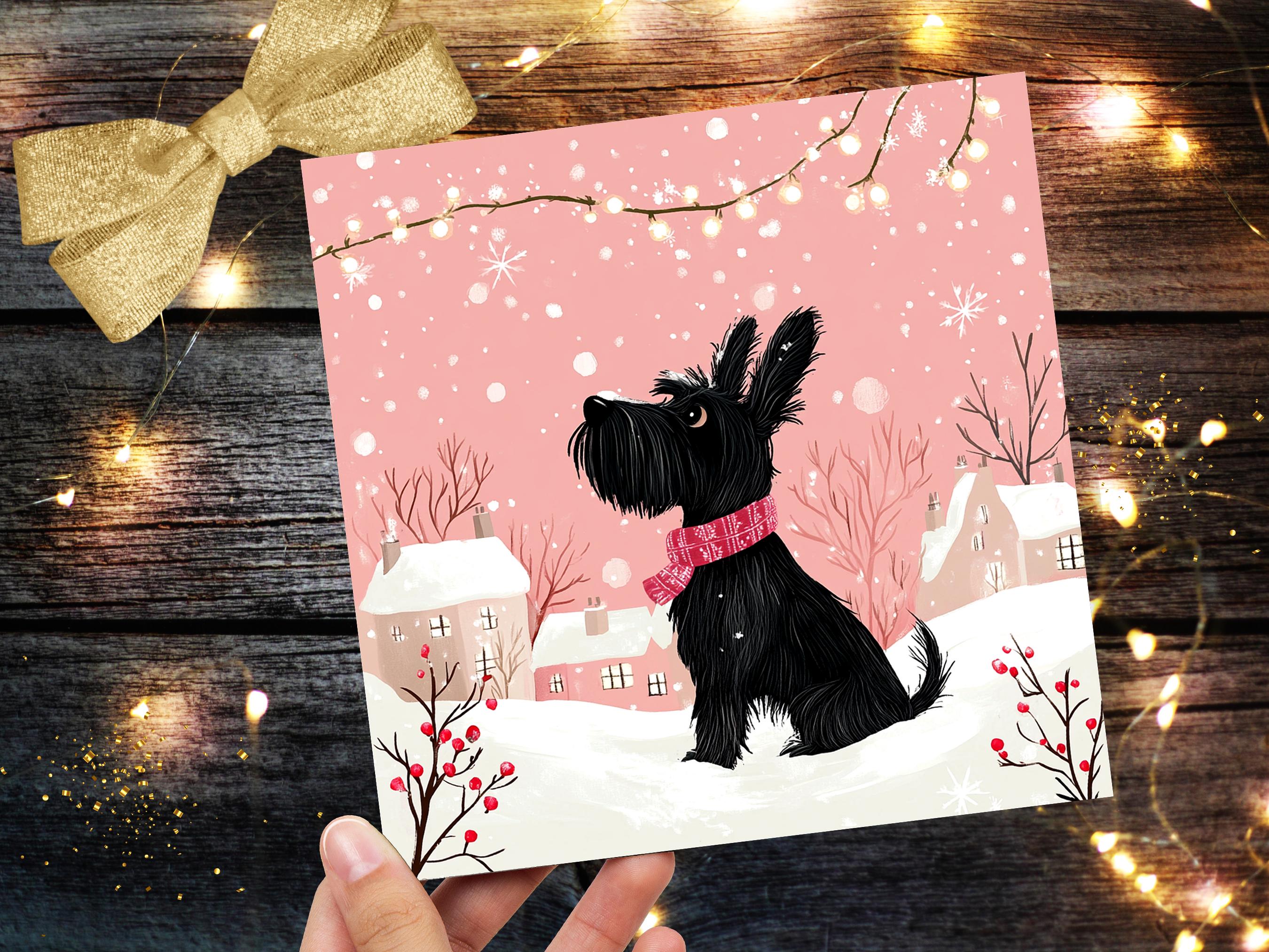 Scottie Dog Christmas Card Cute Black Pink Scottish Terrier Greeting Snowy Scene Festive Lights Winter Snow For Dog Lovers Family Friends - View 8