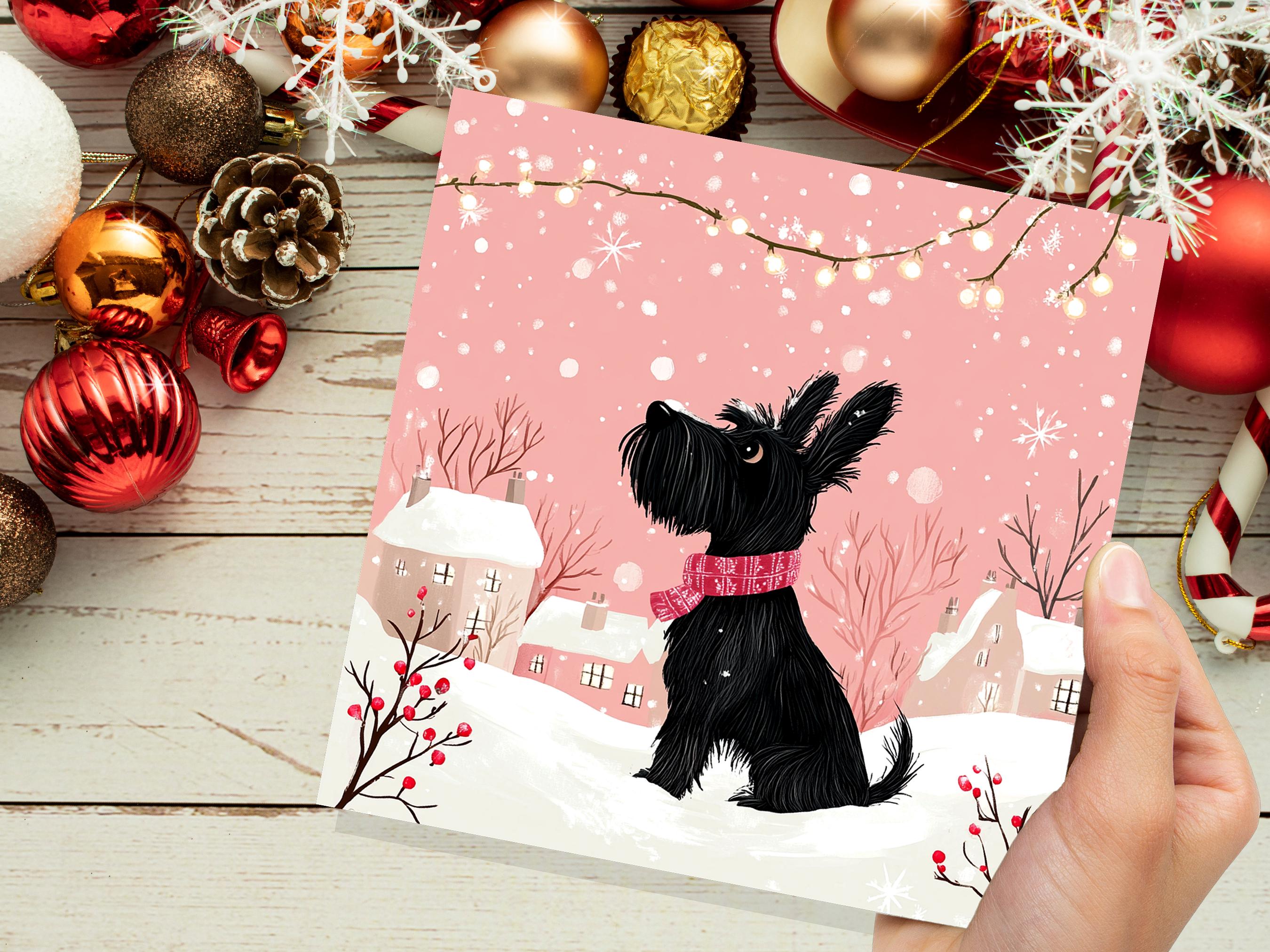 Scottie Dog Christmas Card Cute Black Pink Scottish Terrier Greeting Snowy Scene Festive Lights Winter Snow For Dog Lovers Family Friends - View 9