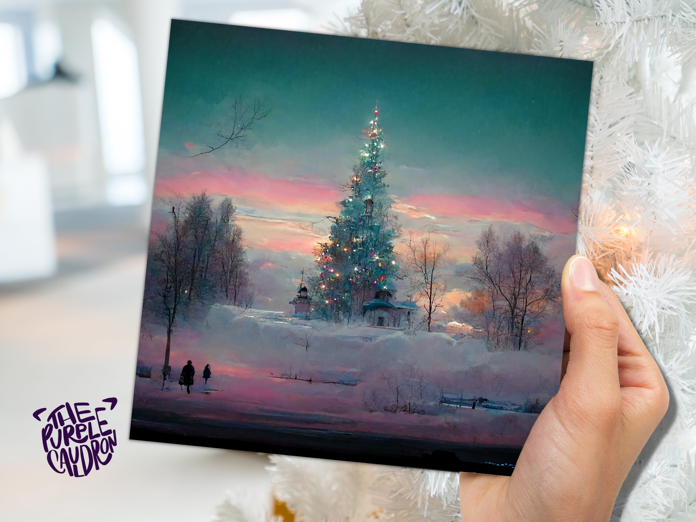Pastel Christmas Card Whimsical Impressionist Winter Snow Scene Shades of Pink, Teal, & Purple 1, 5, or 10 Pack Greetings Friends Xmas 2025