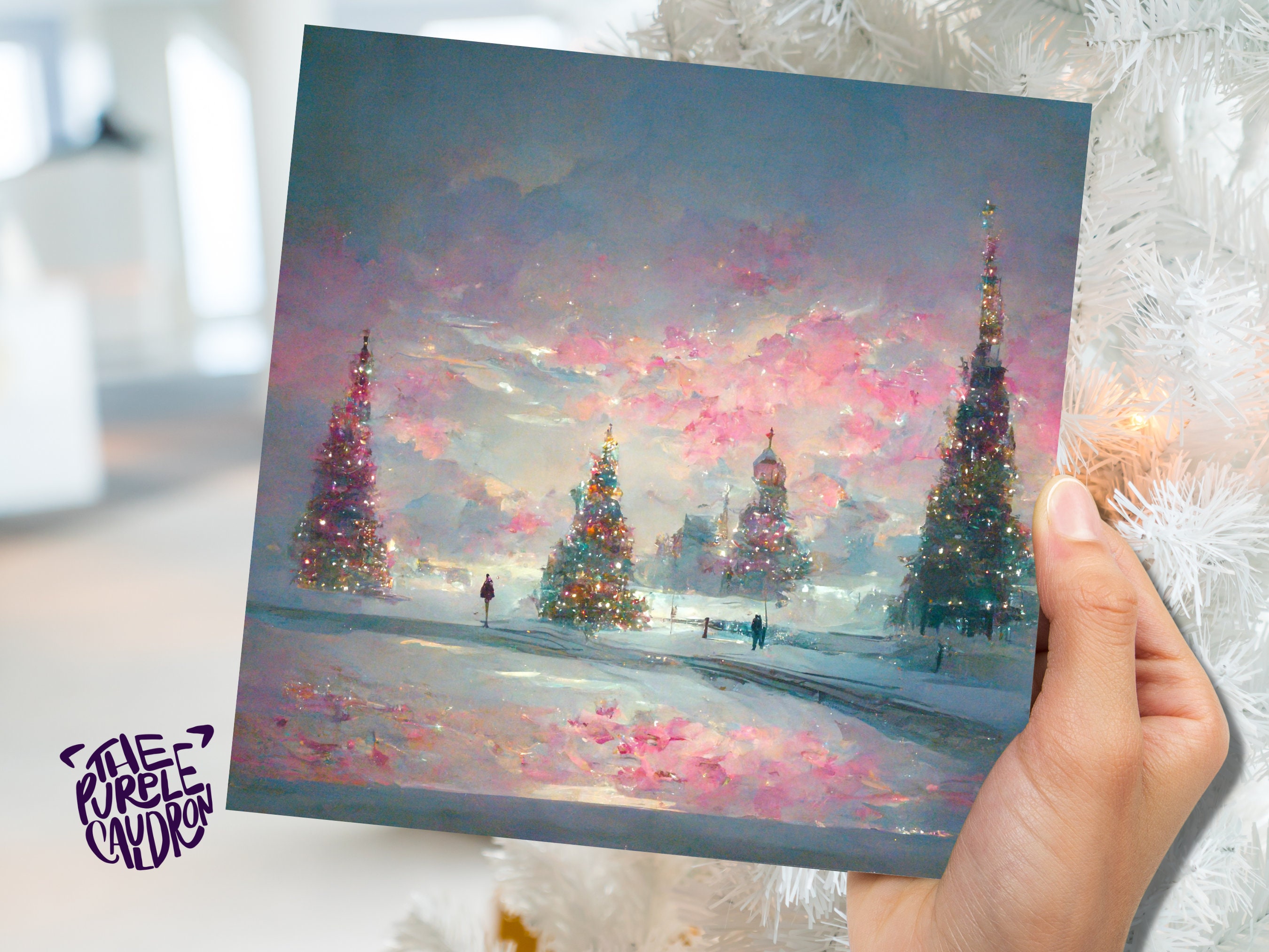 Pastel Christmas Card Winter Scene Impressionist Landscape Snow Shades of Pink, Teal, & Purple 1, 5, or 10 Pack Greetings Friends Xmas 2025
