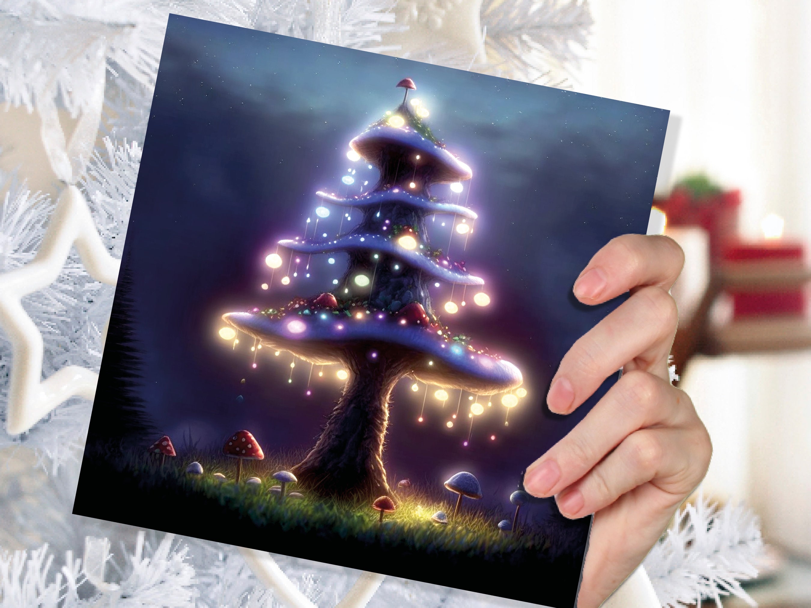 Magical Mushroom Tree House Card Purple Golden Glowing Fairycore Fairytale Fairy Lights Unique Whimsical For Family Friends Christmas Thanks