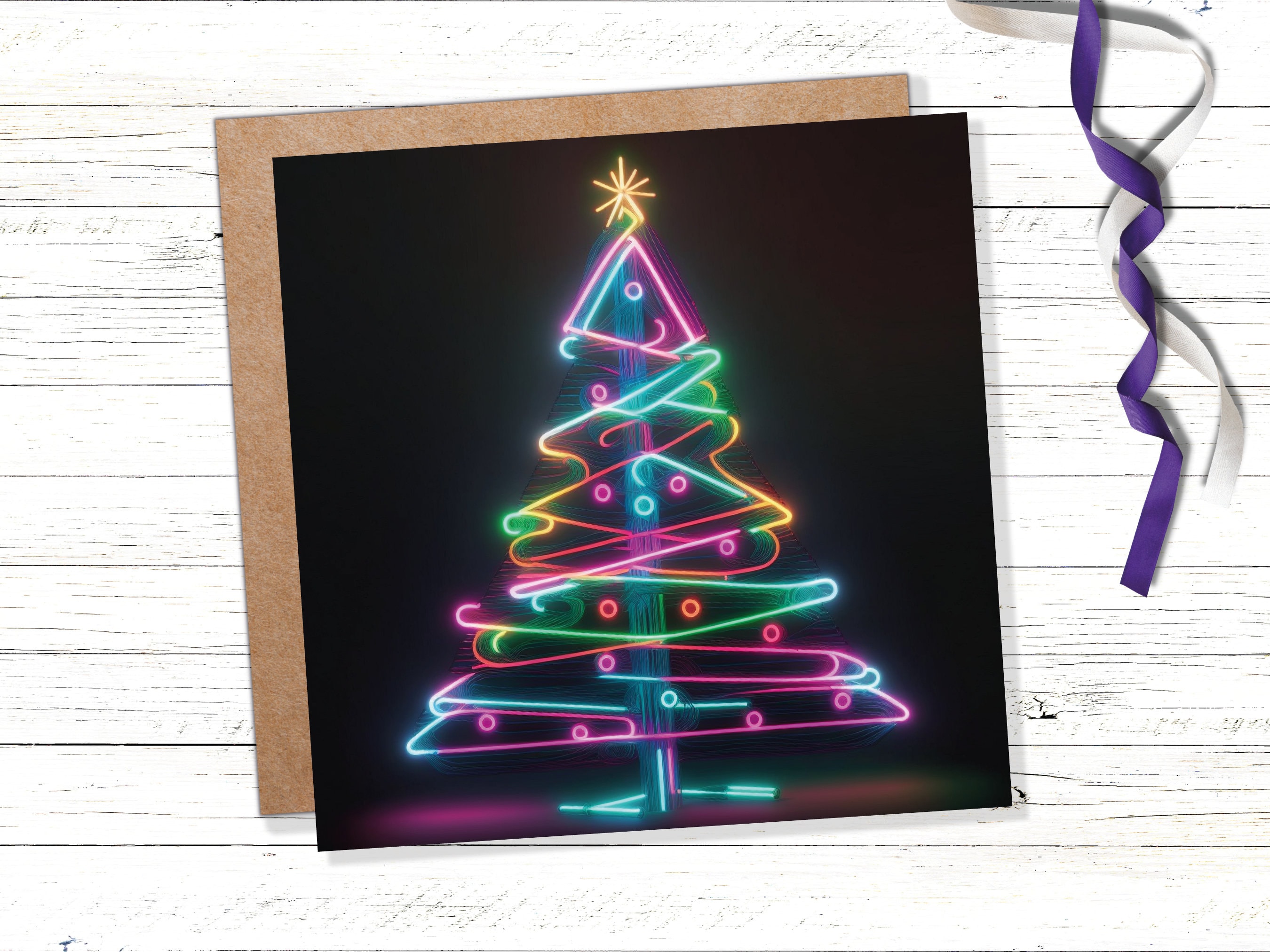 Neon Christmas Tree Card Glowing Lights Tube Lighting Y2K Bright Colours Colourful Rainbow Unique Modern Cards For Family Friends Xmas 2025