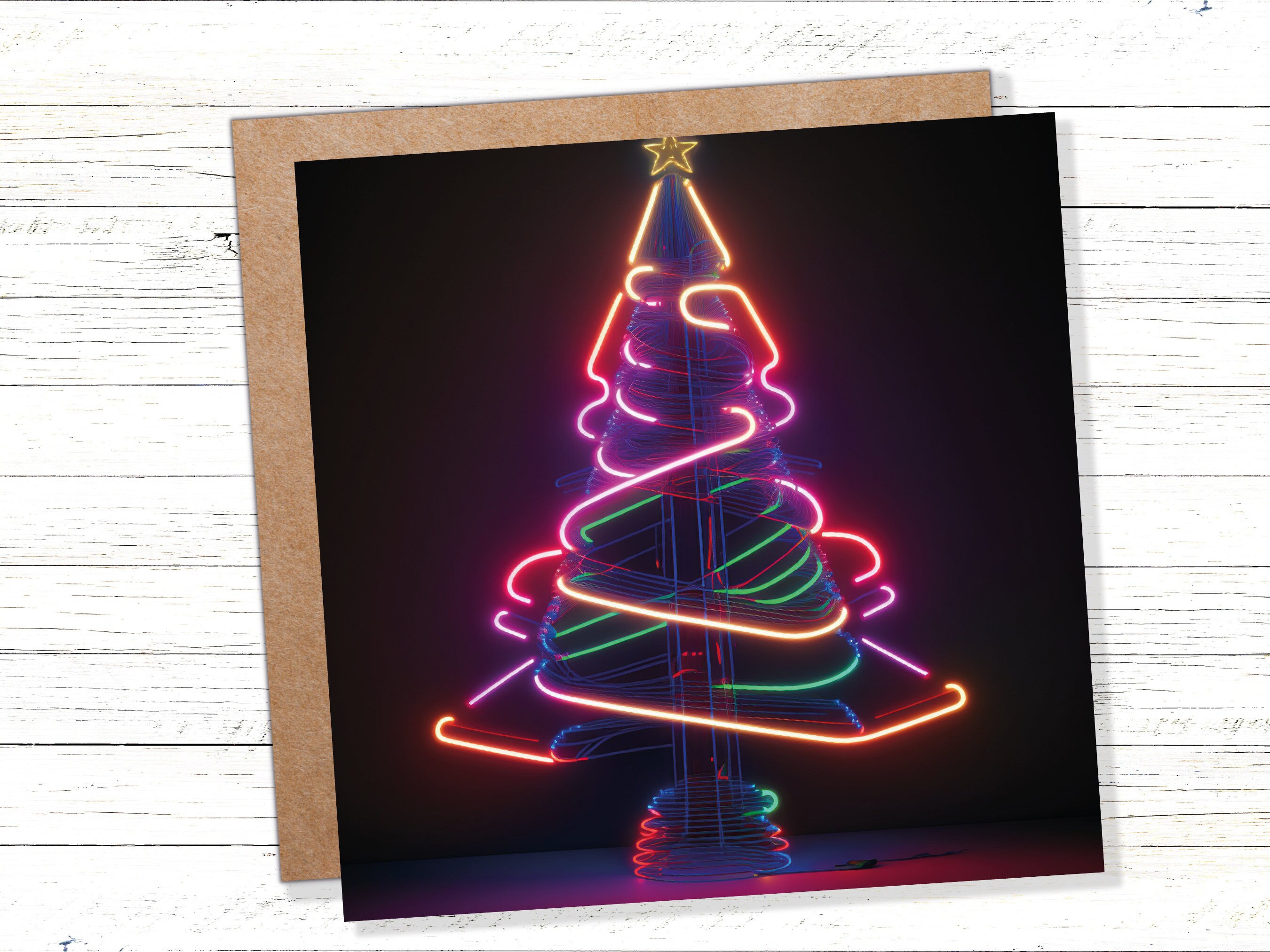 Neon Christmas Card Tree 80s Glowing Lights Tube Lighting Y2K Bright Colours Colourful Unusual Fun Modern Cards For Family Friends Xmas 2025