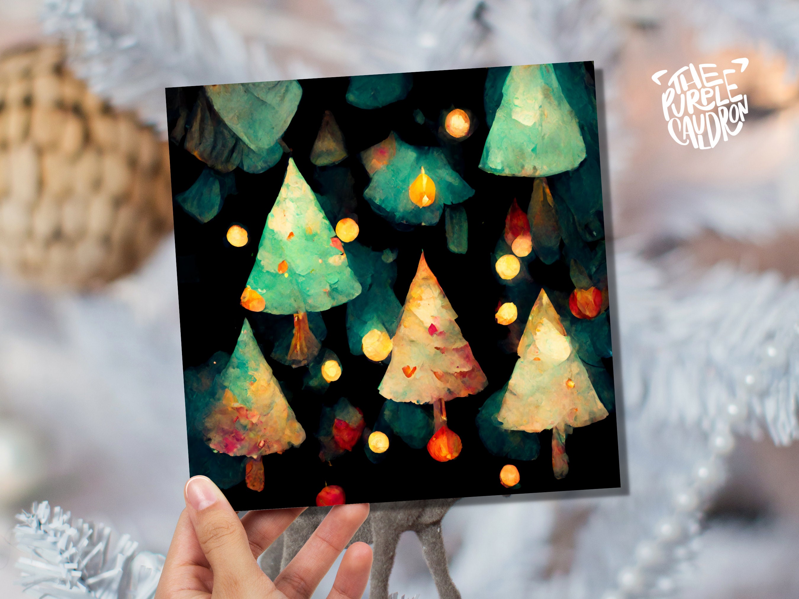 Abstract Christmas Card with Trees and Fairy Lights Magical Pattern Pretty Unique Whimsical Dark Green Greetings Family Friends Xmas 2025