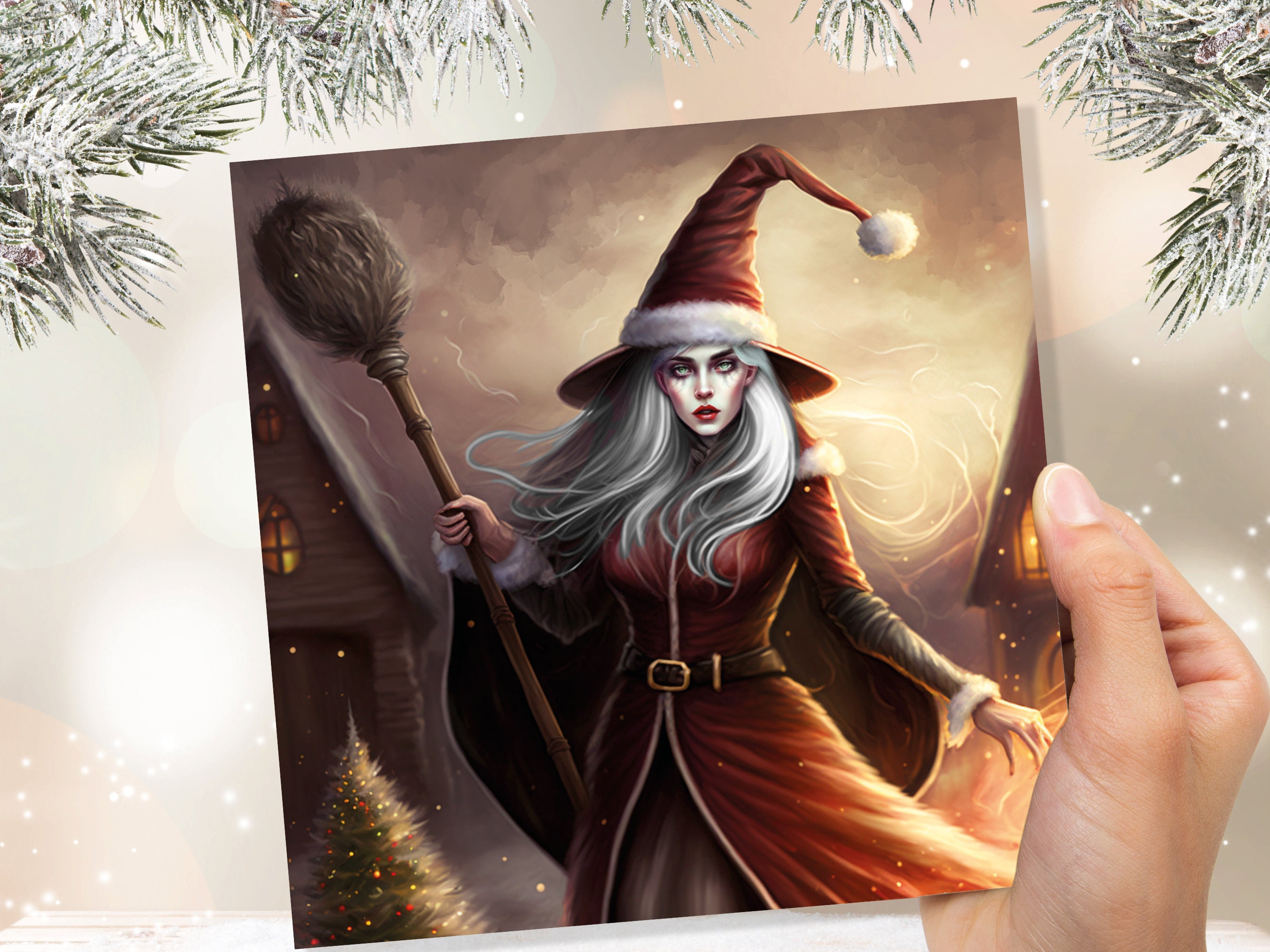 Female Santa Witch Christmas Card La Befana Witchy Fantasy Gothic Goth Pagan Pointy Hat Fairytale Feminine Feminism Family Friends Xmas 2025