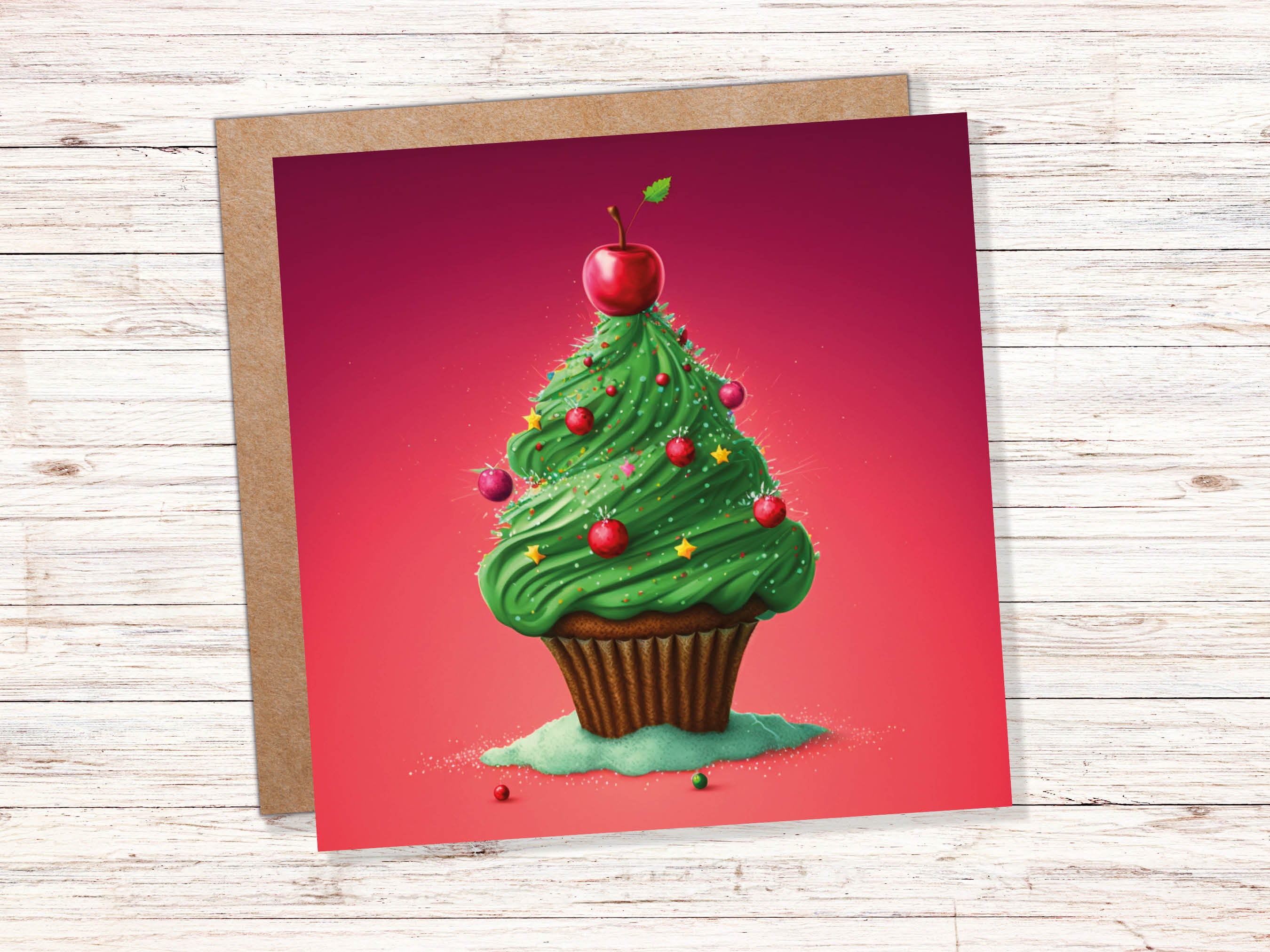 Cake Christmas Tree Card Fairy Cupcake with Green Frosting Icing Red Sprinkles Xmas Greetings Card For Bakers Baking Family Friends 2025
