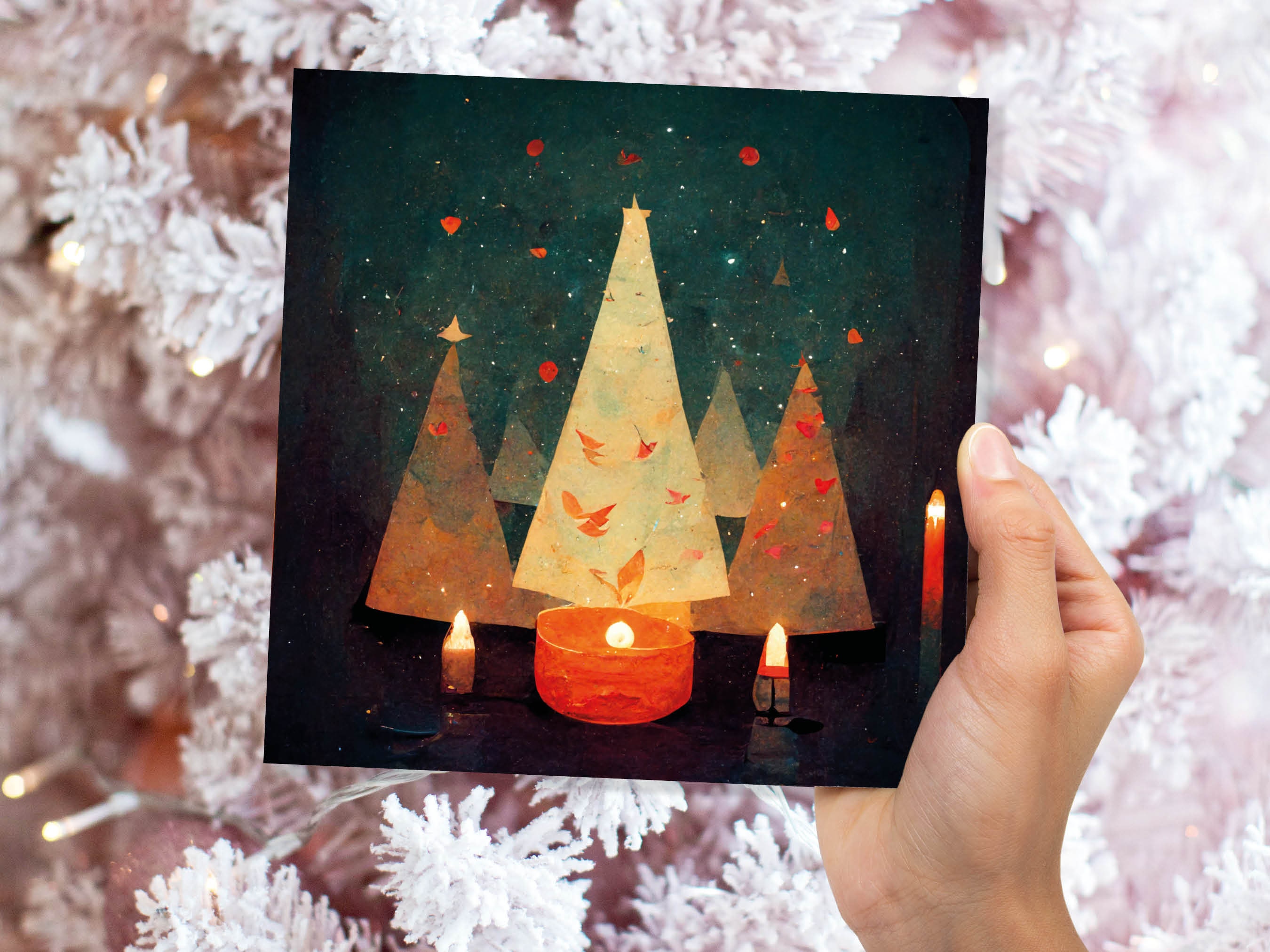Abstract Christmas Tree Card Green Yellow Orange Pretty Trees Candle Flame Painting Unique Whimsical Greetings Family Friends Xmas 2025