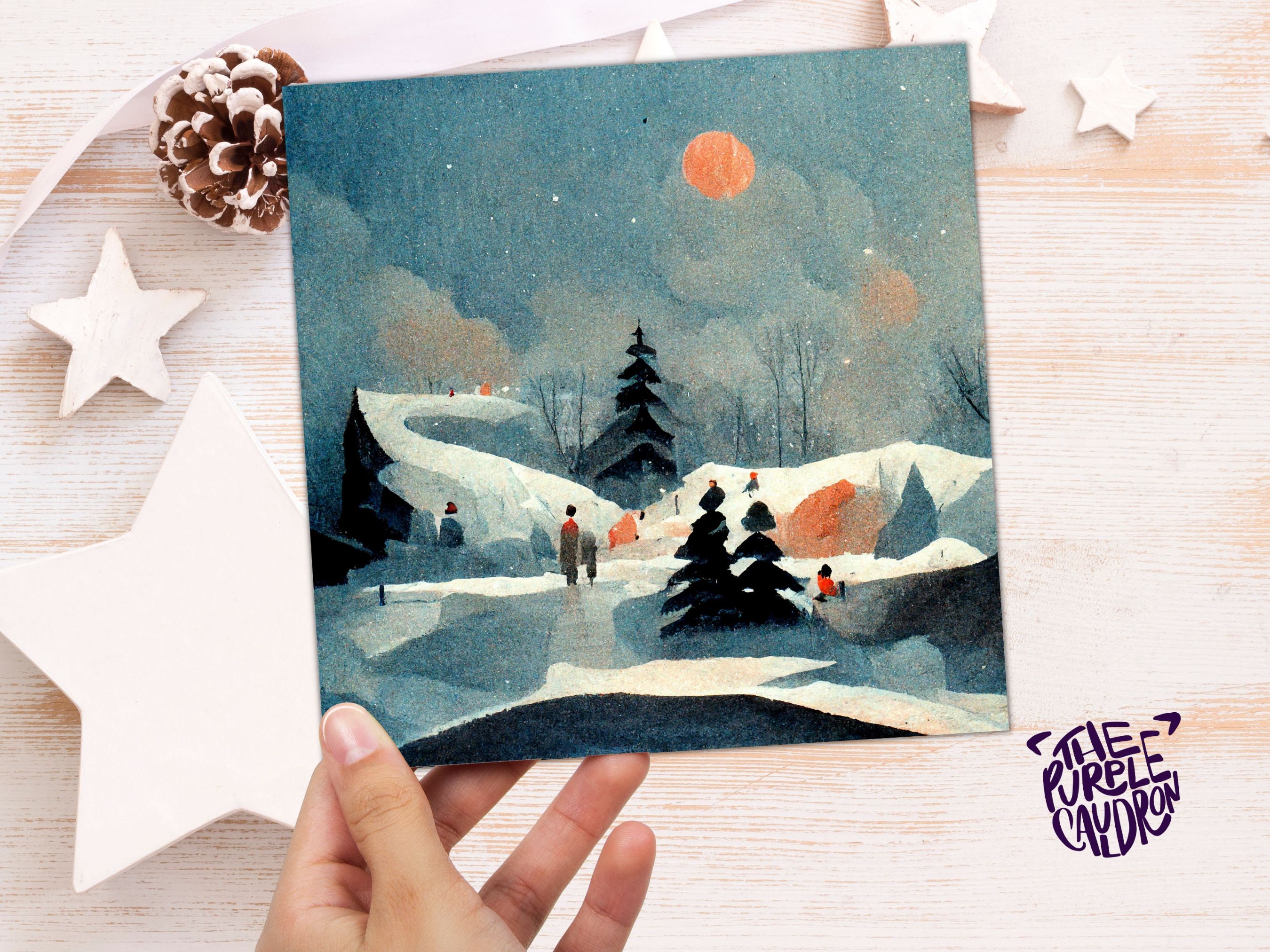 Watercolour Winter Snow Card Impressionist Scene with Trees Landscape Ski Hills Sun Blue Greetings for Family Friends Xmas 2025 Thank You