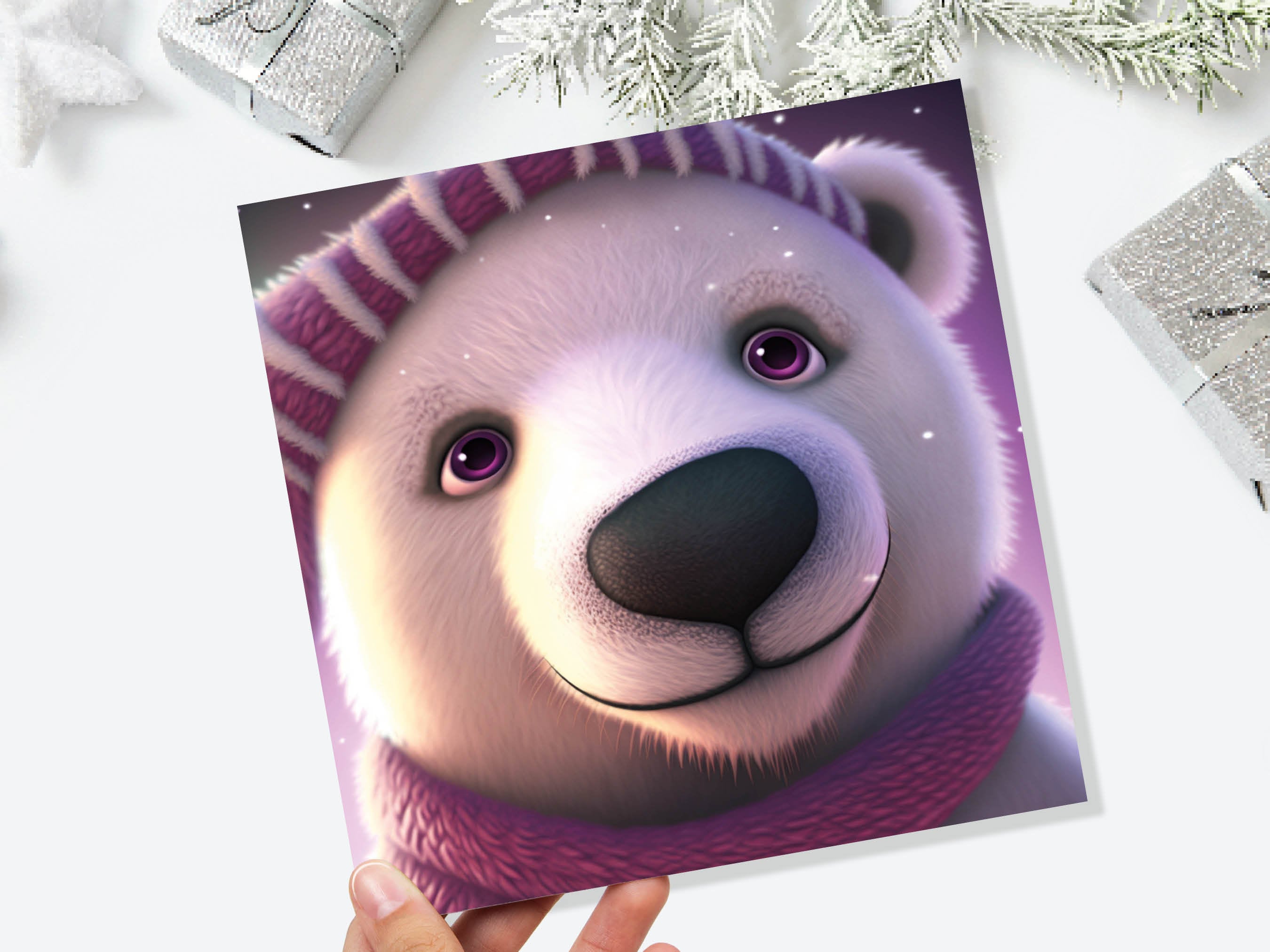 Cute Polar Bear Card Purple and White Winter Cub Wearing Hat Scarf Thank You Greetings Cards For Family Best Friends Xmas 2025 Thank You - View 2