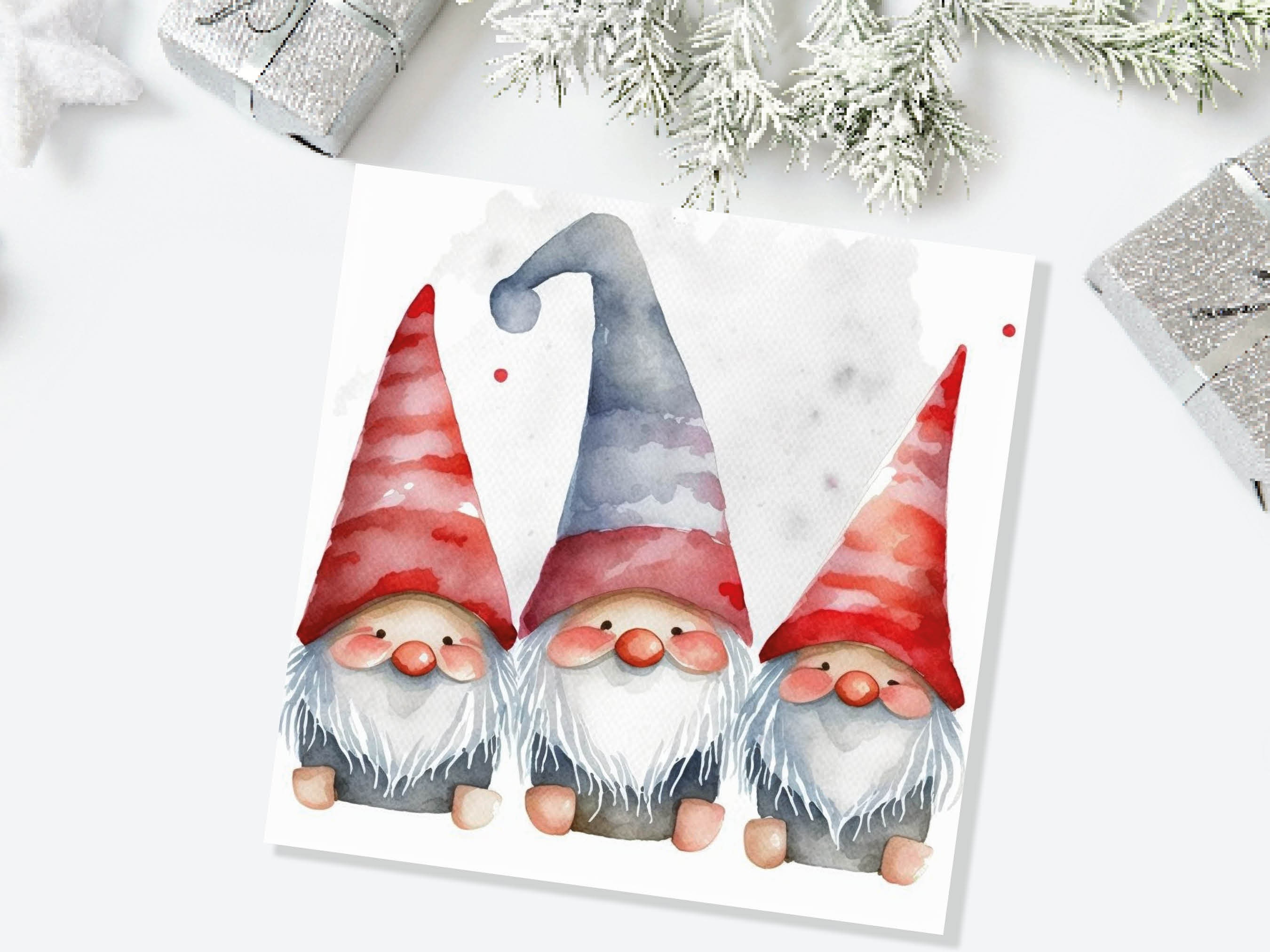 Gonk Gnomes Card Cute Red band Grey Watercolour Painting Pointy Hats and Beards Greetings Cards For Family Best Friends Xmas 2025 Thank You - View 2