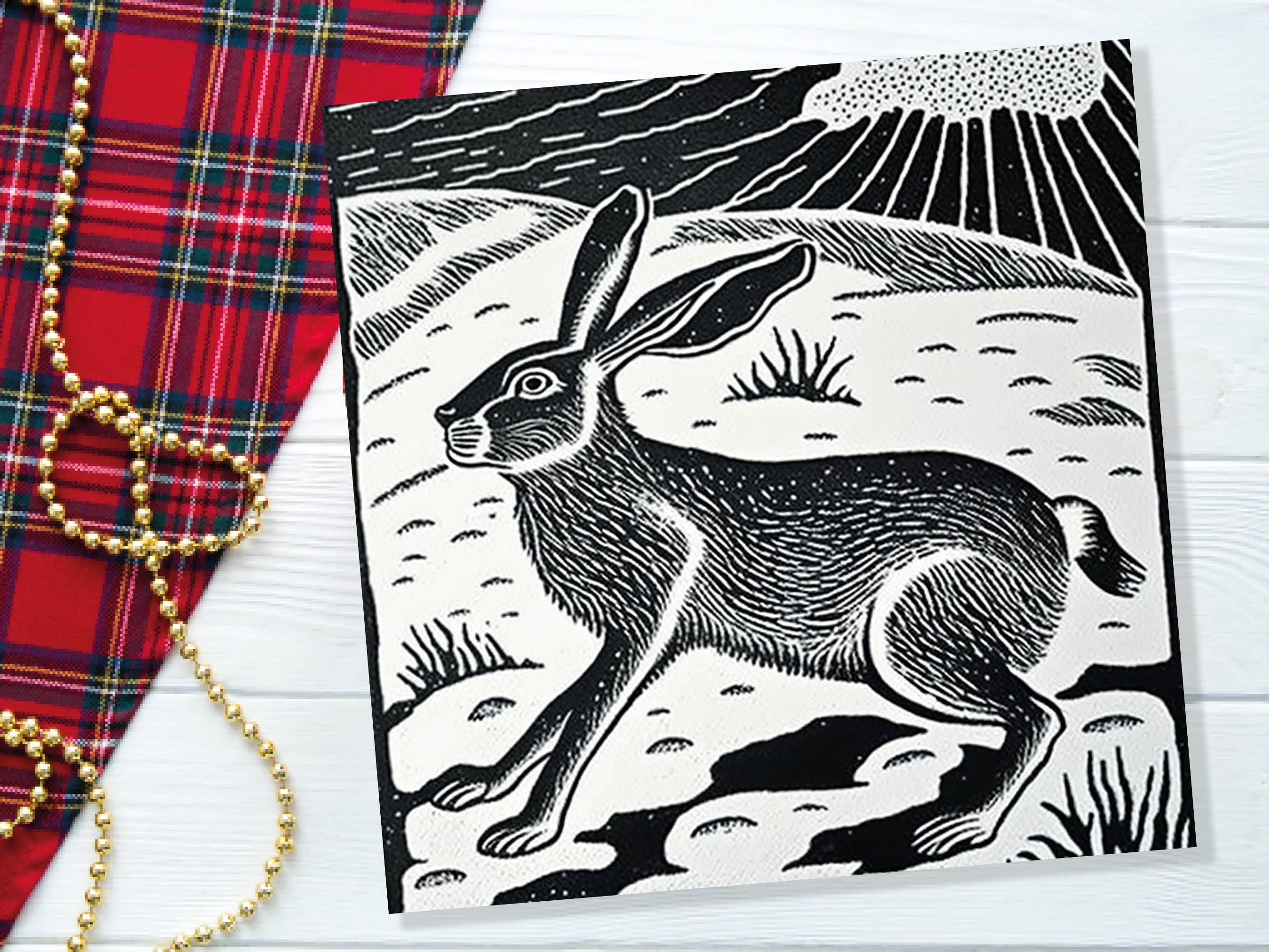 Linocut Hare Card Black and White Snowy Winter Landscape Snow Scene Retro Mountains Sky Greetings For Family Friends Xmas 2025 Thank You