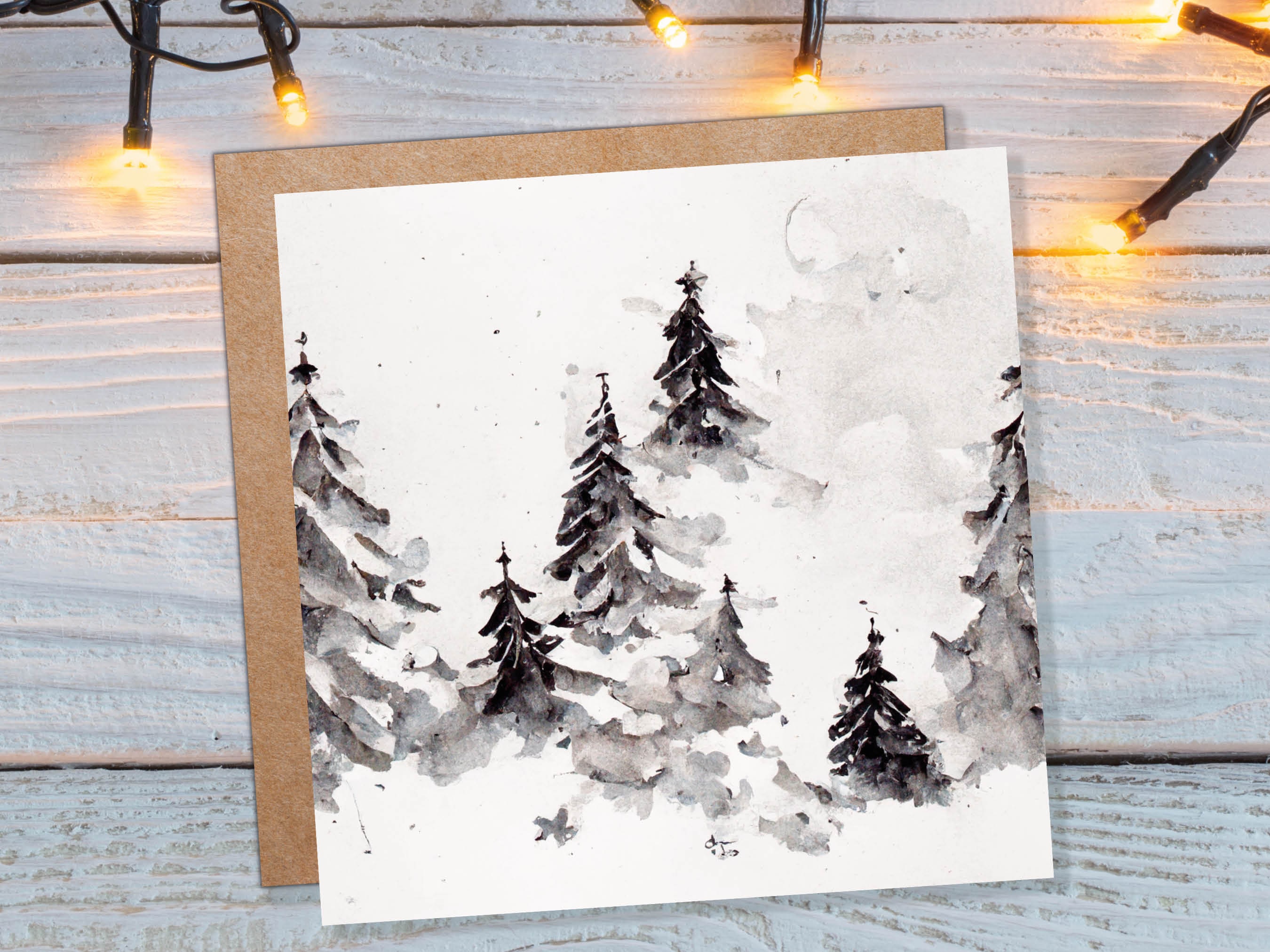 Simple Watercolour Pine Tree Card Snowy Trees Scene White Snow Winter Landscape Painting Family Friends Christmas 2025 Minimal Snowy Scenery