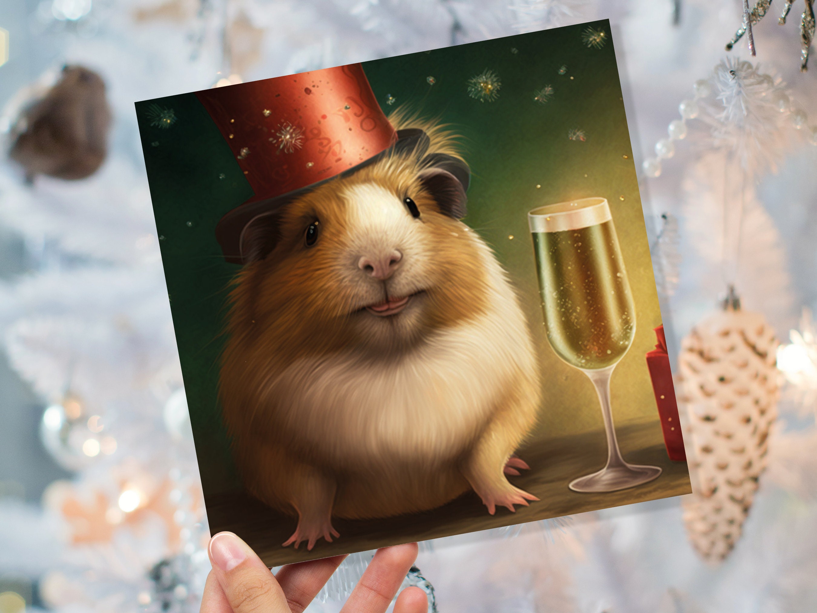 Funny Guinea Pig Christmas Card Drinking Champagne Flute Xmas Party Humour Unique Greetings For Family Friends Xmas 2025 1 or 10 Pack Set
