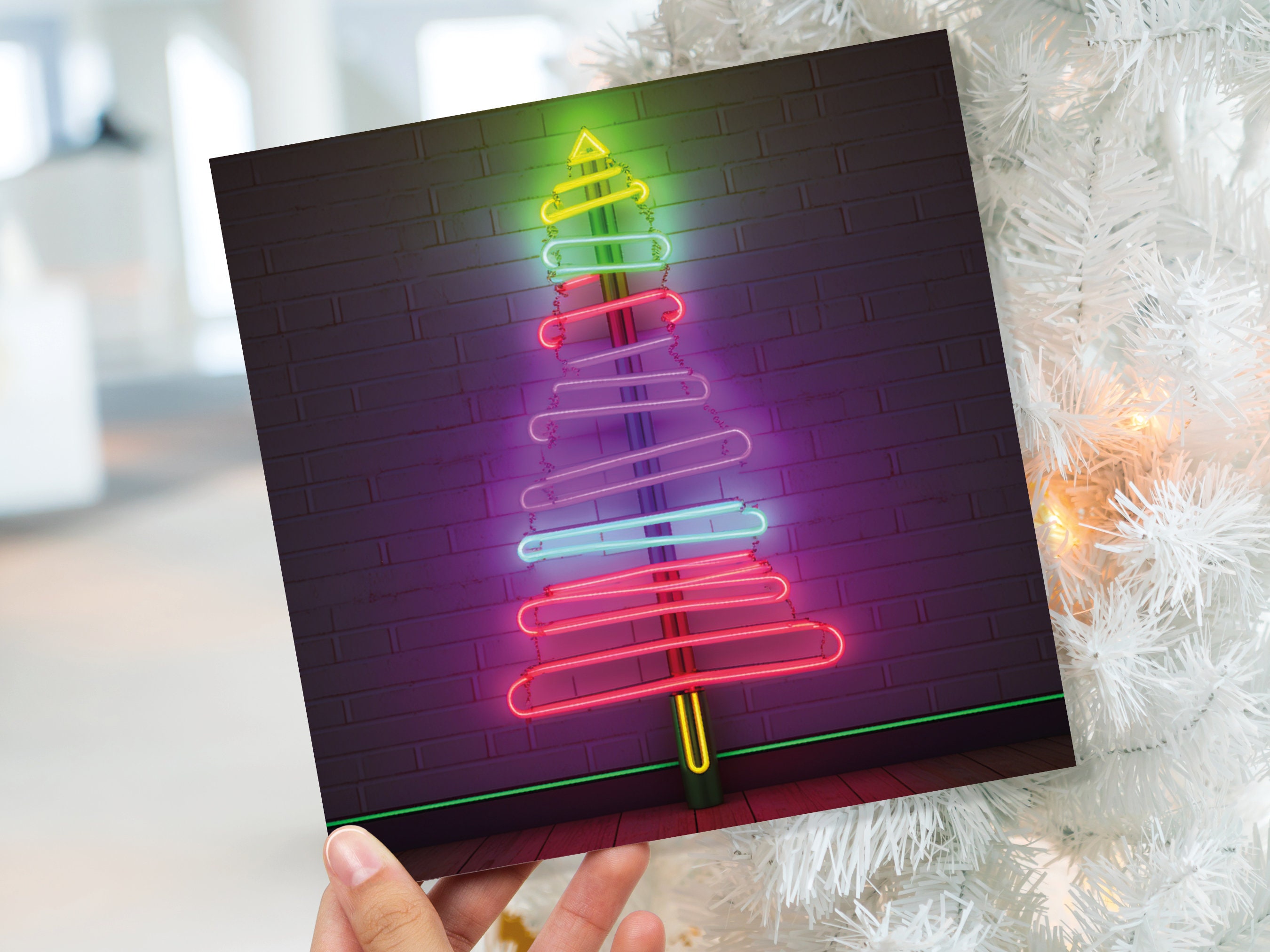 Neon Christmas Card Tree Tube Lighting Glowing Lights Y2K Bright Pink Purple Green Colourful Rainbow Modern Fun For Family Friends Xmas 2025