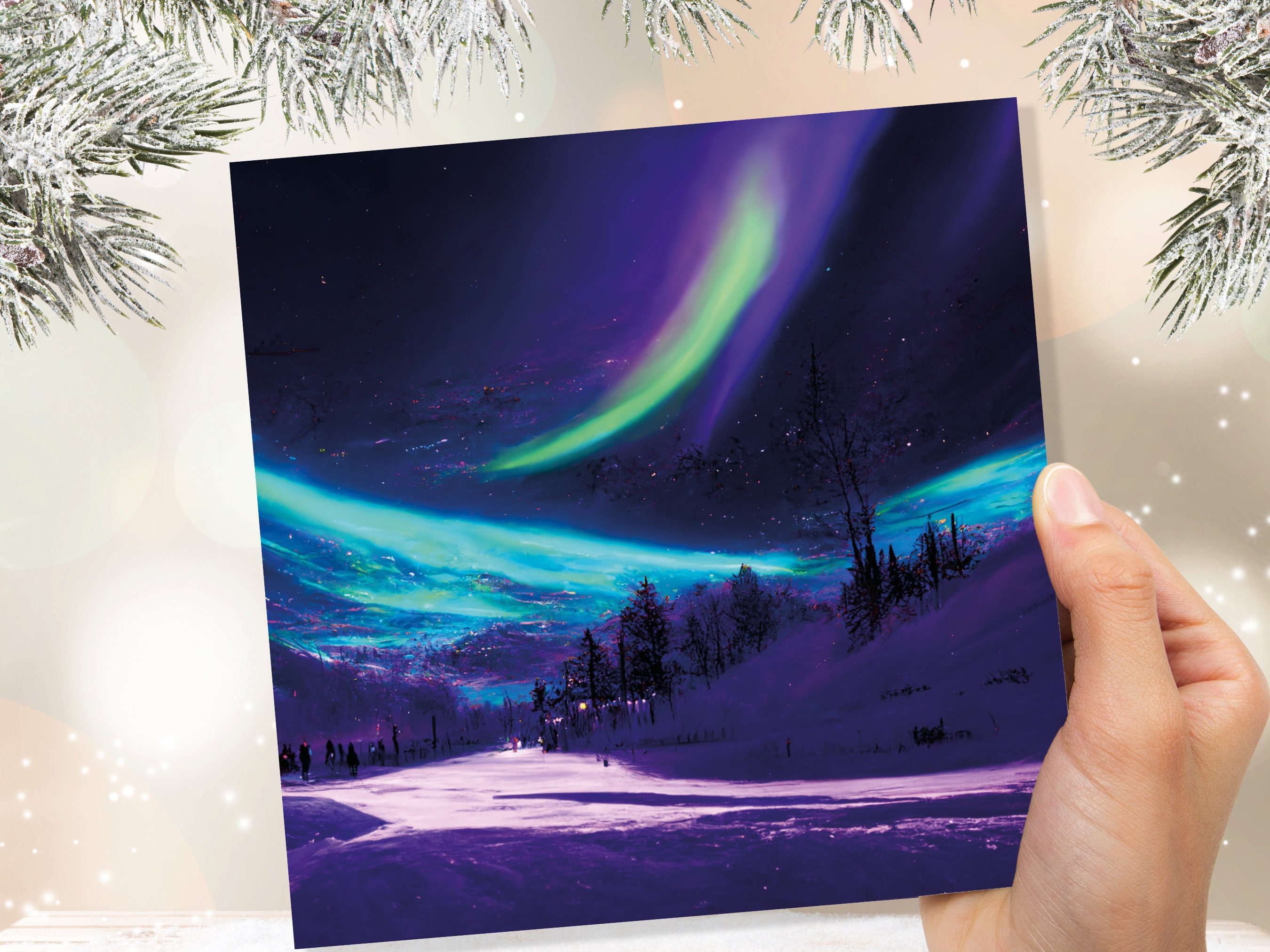Northern Lights Painting Card Snow Scene Green Purple Aurora Borealis Polar Sky Winter Night Cards For Family Friends Xmas 2025 Thank You