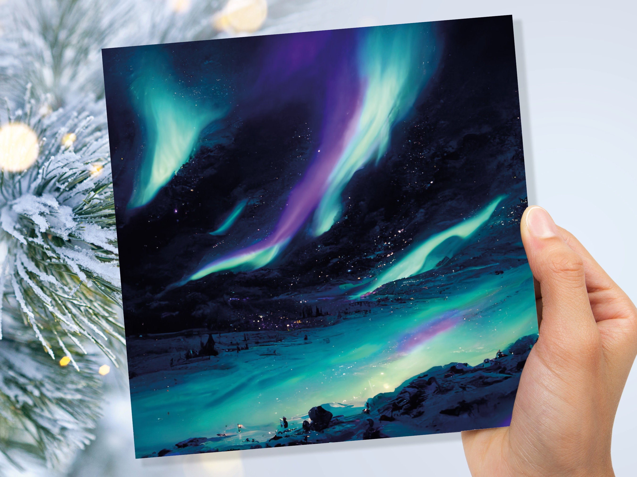 Polar Lights Card Aurora Borealis Glowing Ski Slopes Snowy Scenery Glittering Snow Northern Sky Cards For Family Friends Xmas 2025 Thank You