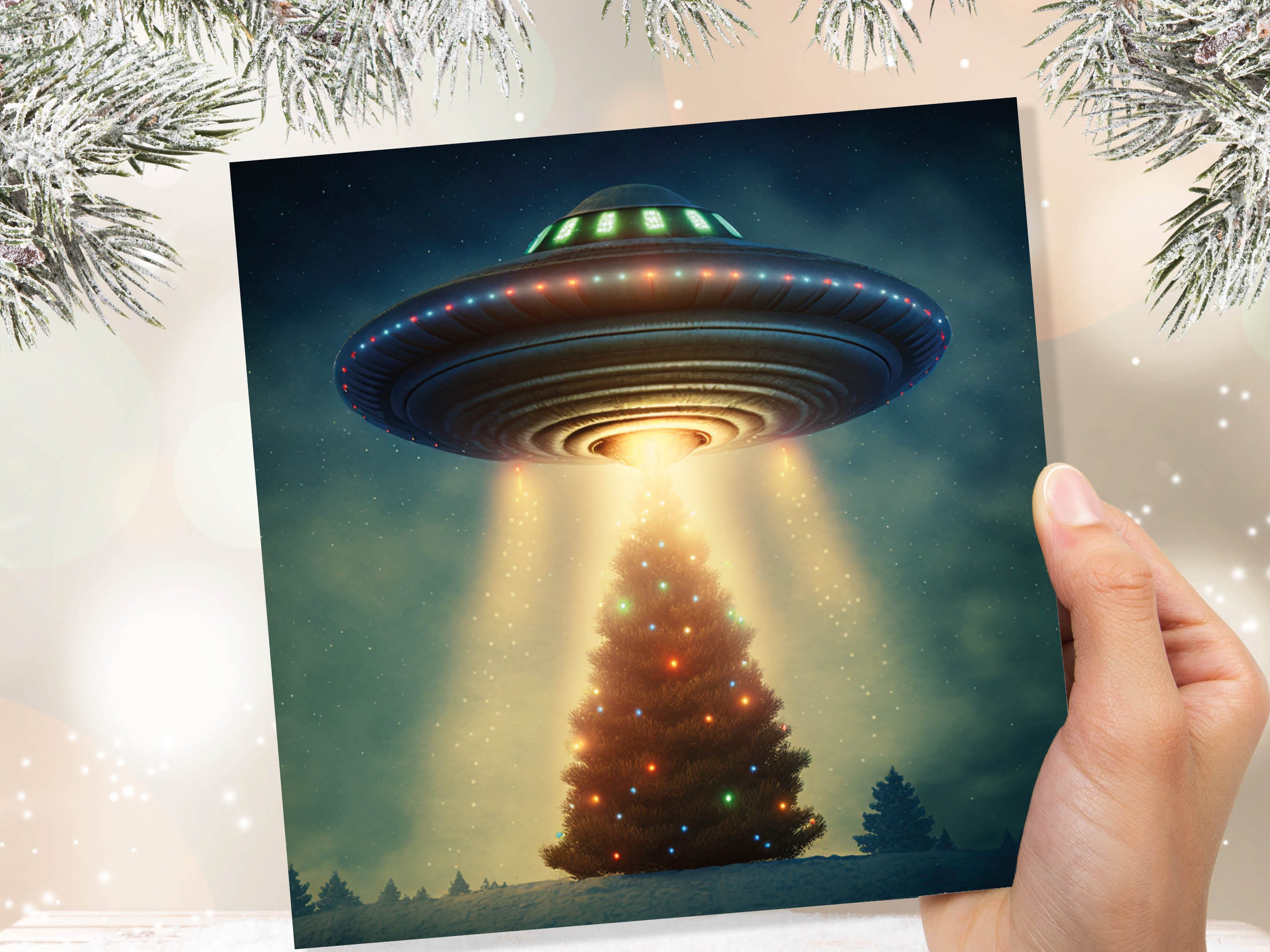 Alien Christmas Card Funny UFO Spaceman Spaceship Christmas Tree Abduction Beam Me Up Ironic Fun Xmas Greetings Card For Family Friends 2025