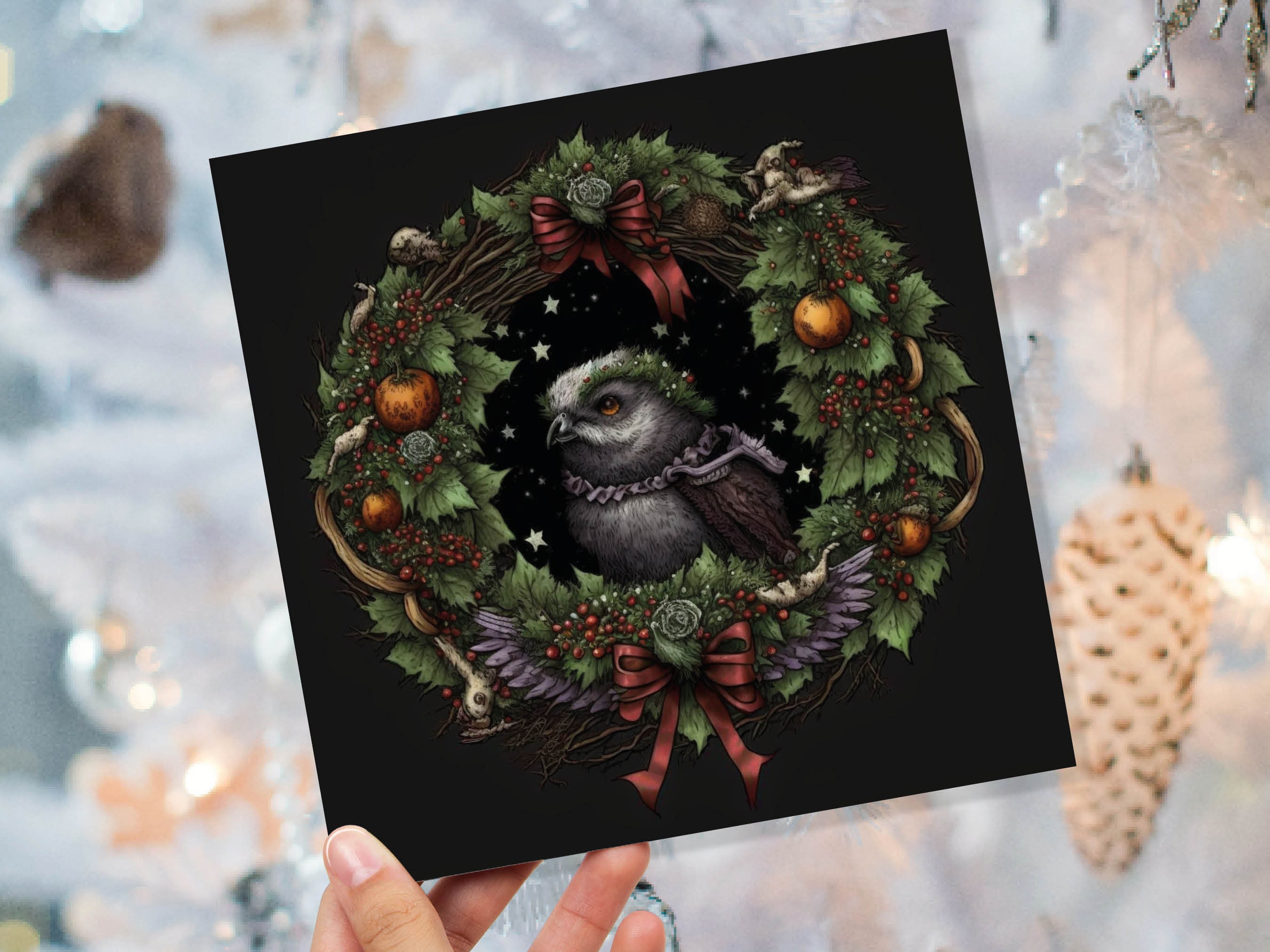 Pagan Yule Christmas Card Witchy Wiccan Owl Wreath with Dark Red and Green Leaves and Branches Design Greetings For Family Friends Xmas 2025