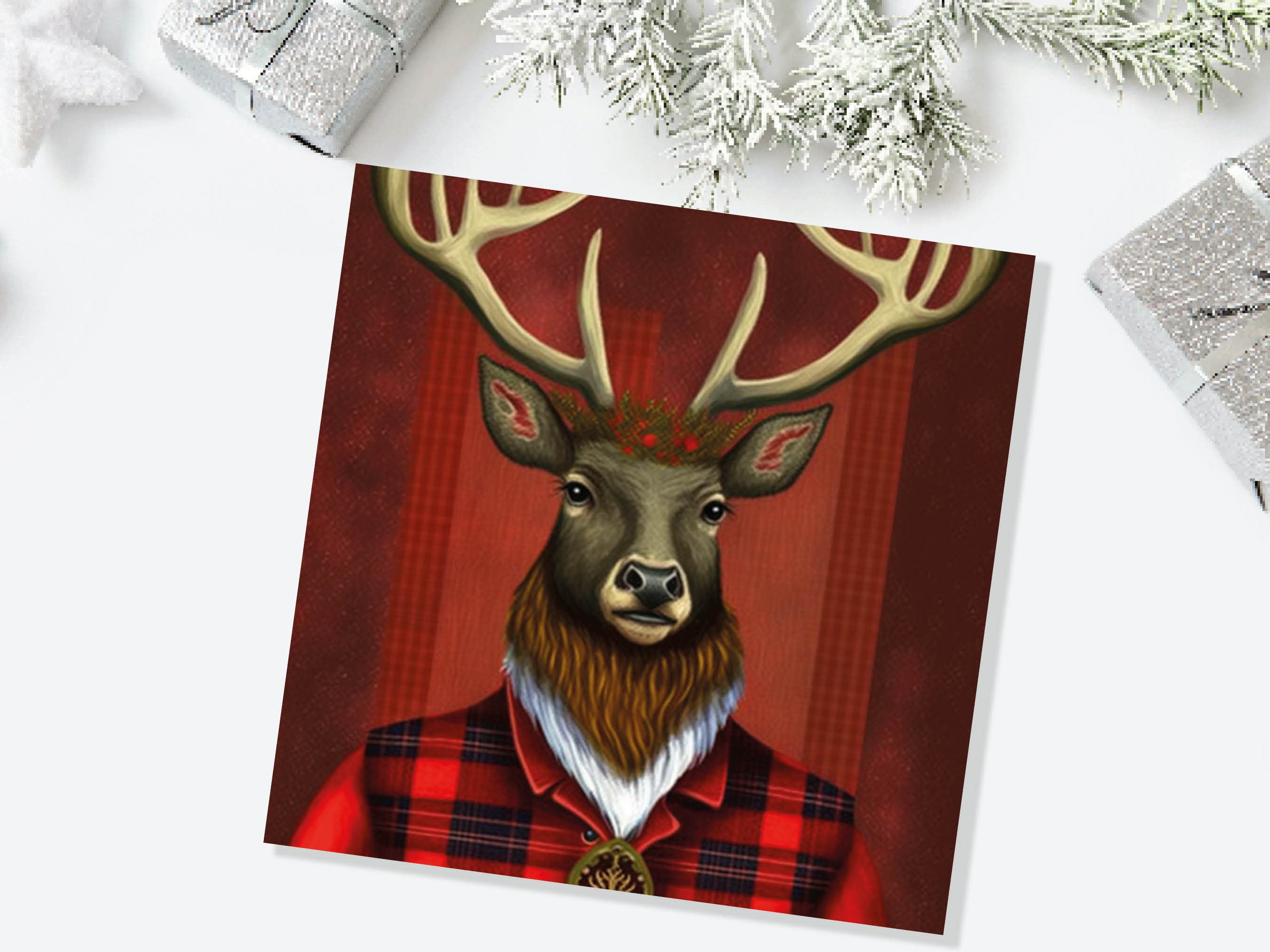 Red Dapper Deer Card Wearing Tartan Coat Festive Scottish Reindeer Hat Scotland Greetings Cards For Family Best Friends Xmas 2025 Thank You