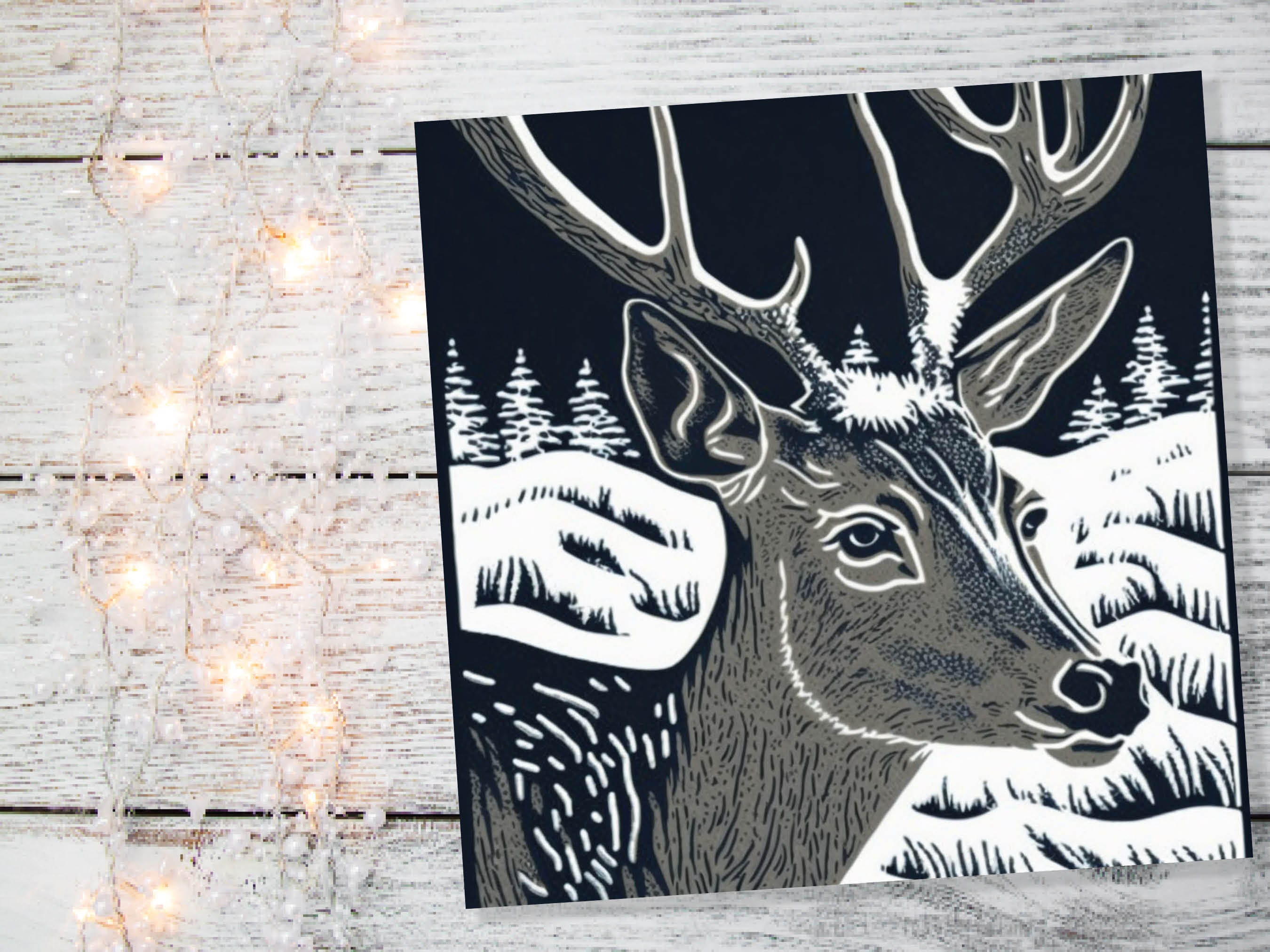 Linocut Deer Card Black and White Snowy Winter Landscape Night Sky Illustration Snow Scene Greetings For Family Friends Xmas 2025 Thank You